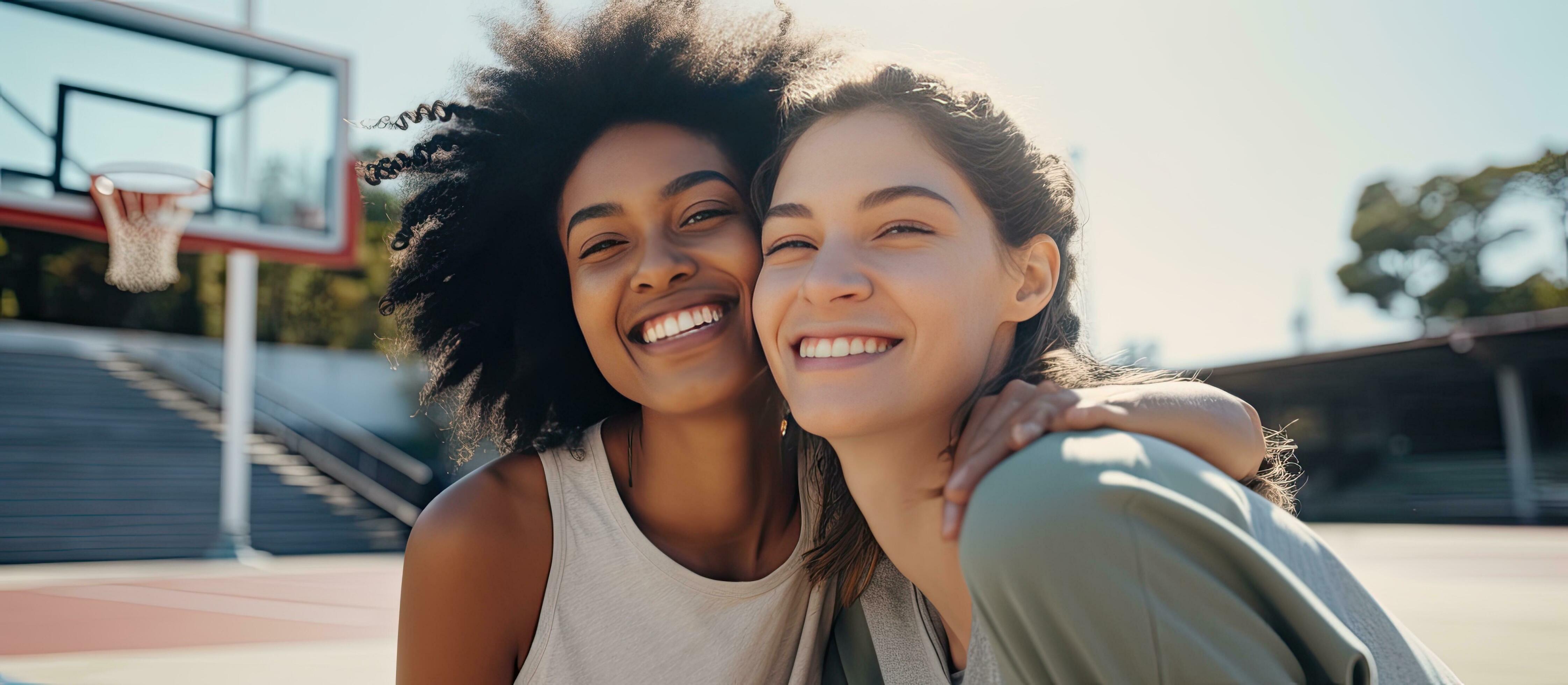 Female friends diverse and joyful wear sports attire unite at a basketball  court space to add text Sport activity friendship and lifestyle remain  unchange 27295615 Stock Photo at Vecteezy