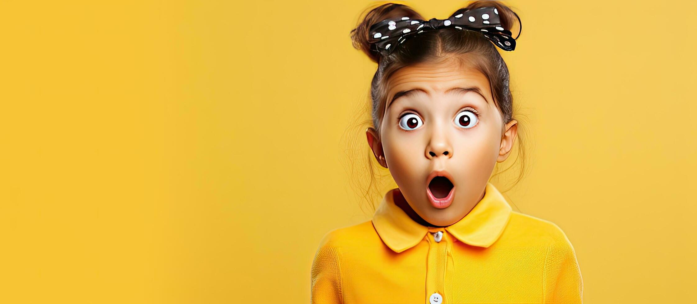 sorprendido niña con coletas señalando a vacío espacio para promoción en un amarillo antecedentes foto