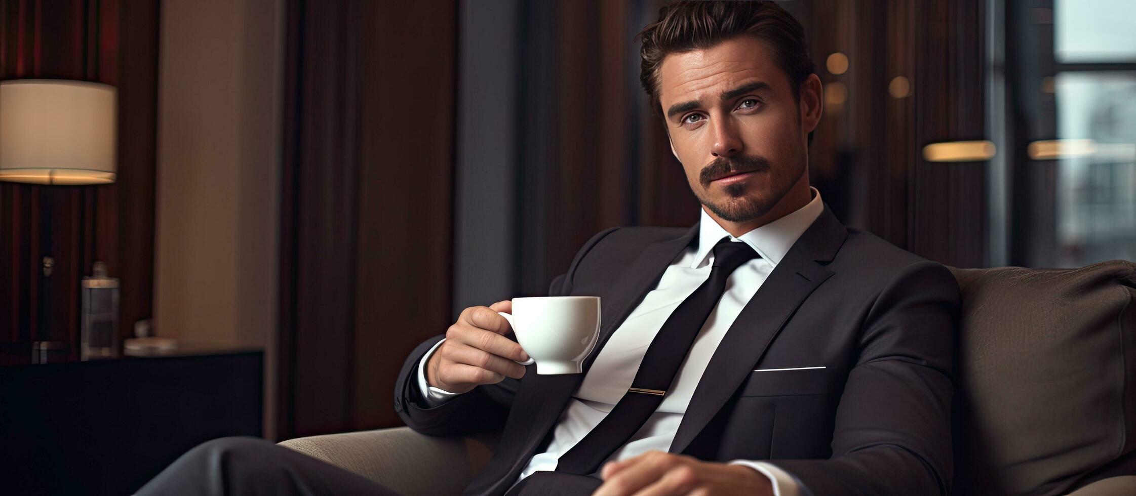 A Caucasian man in a suit with facial hair holding a cup of coffee in a hotel room for a break before or after work photo