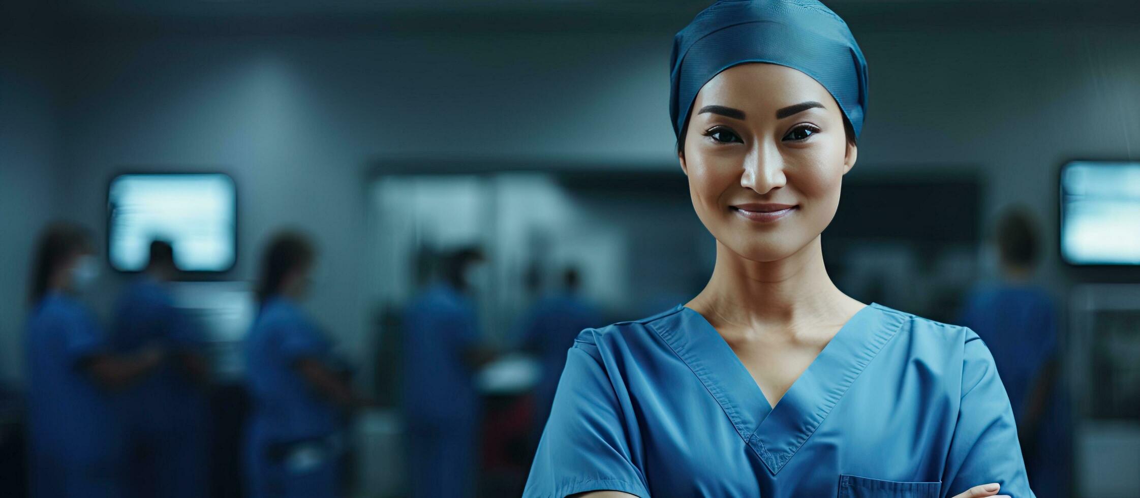 hembra tailandés cirujano en azul uniforme con estetoscopio en pie inteligentemente en operando habitación sonriente a el cámara con un simpático comportamiento con Copiar espacio ava foto