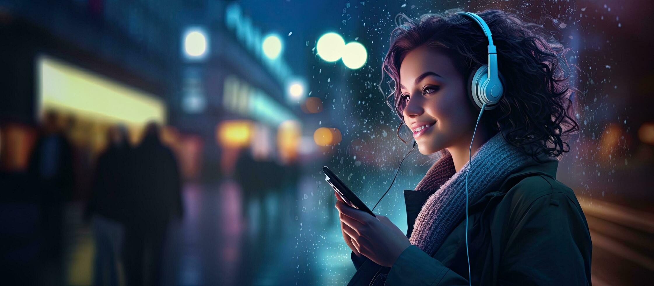 Nighttime city stroll Lady happily walks earphones in smartphone in hand Smiling looking around space for text photo