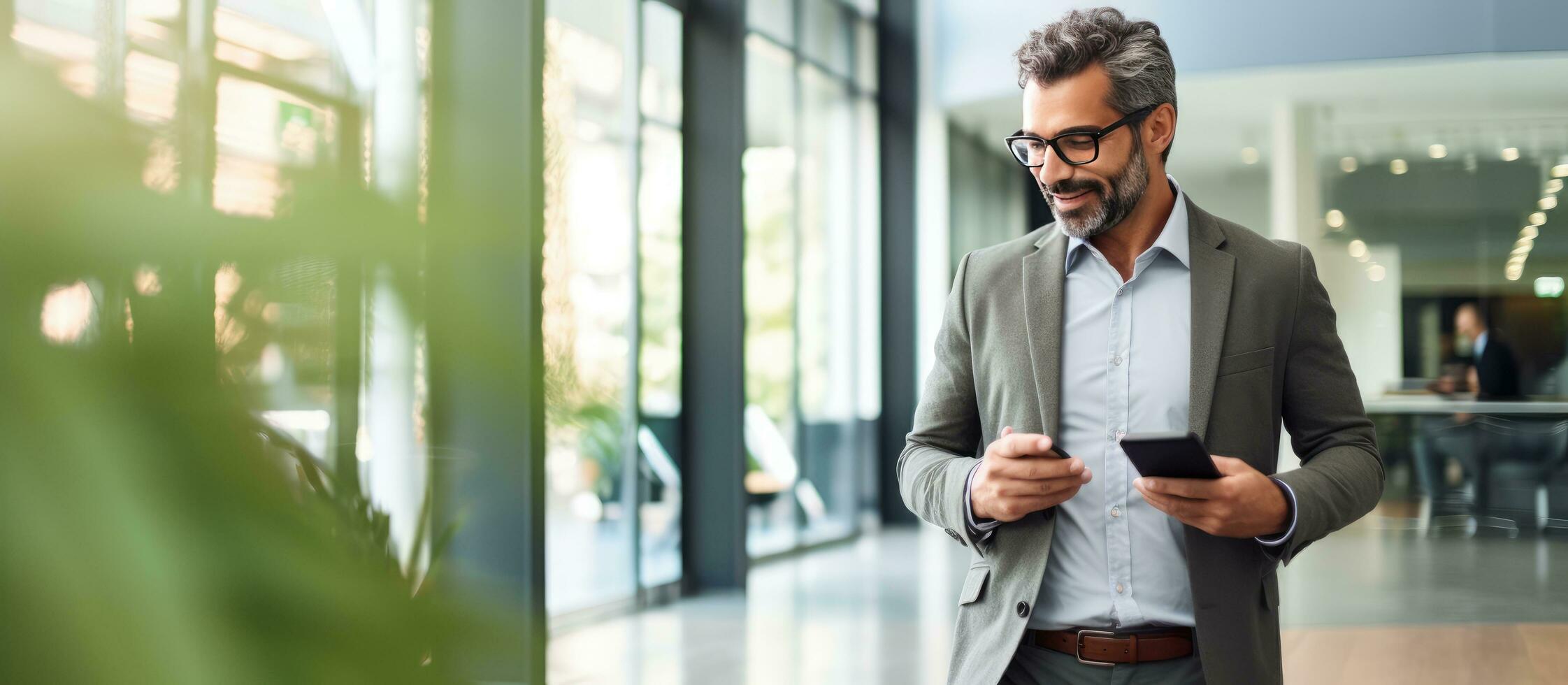Mature Latin businessman making business call multitasking with documents in office photo