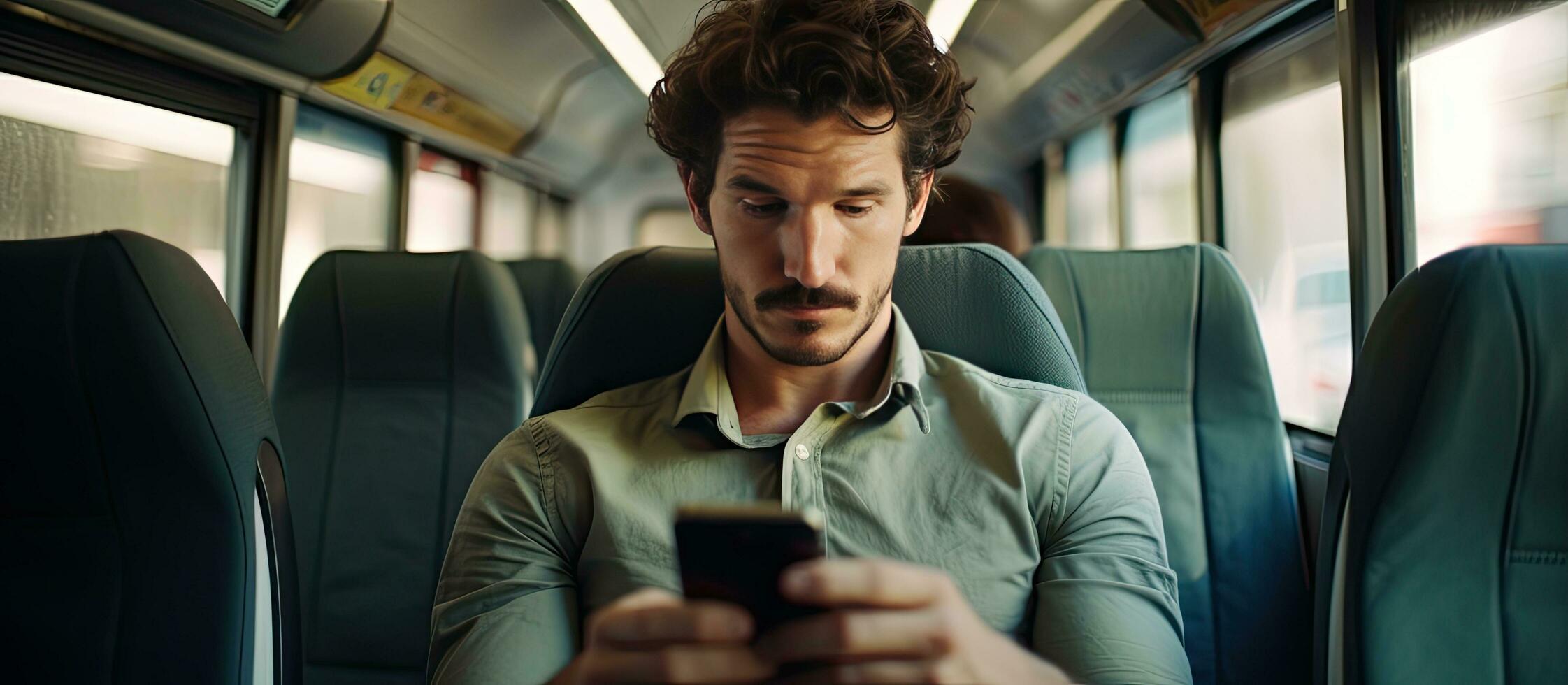 A single white man with modern hair and mustaches uses a smartphone in a car for texting and online communication photo