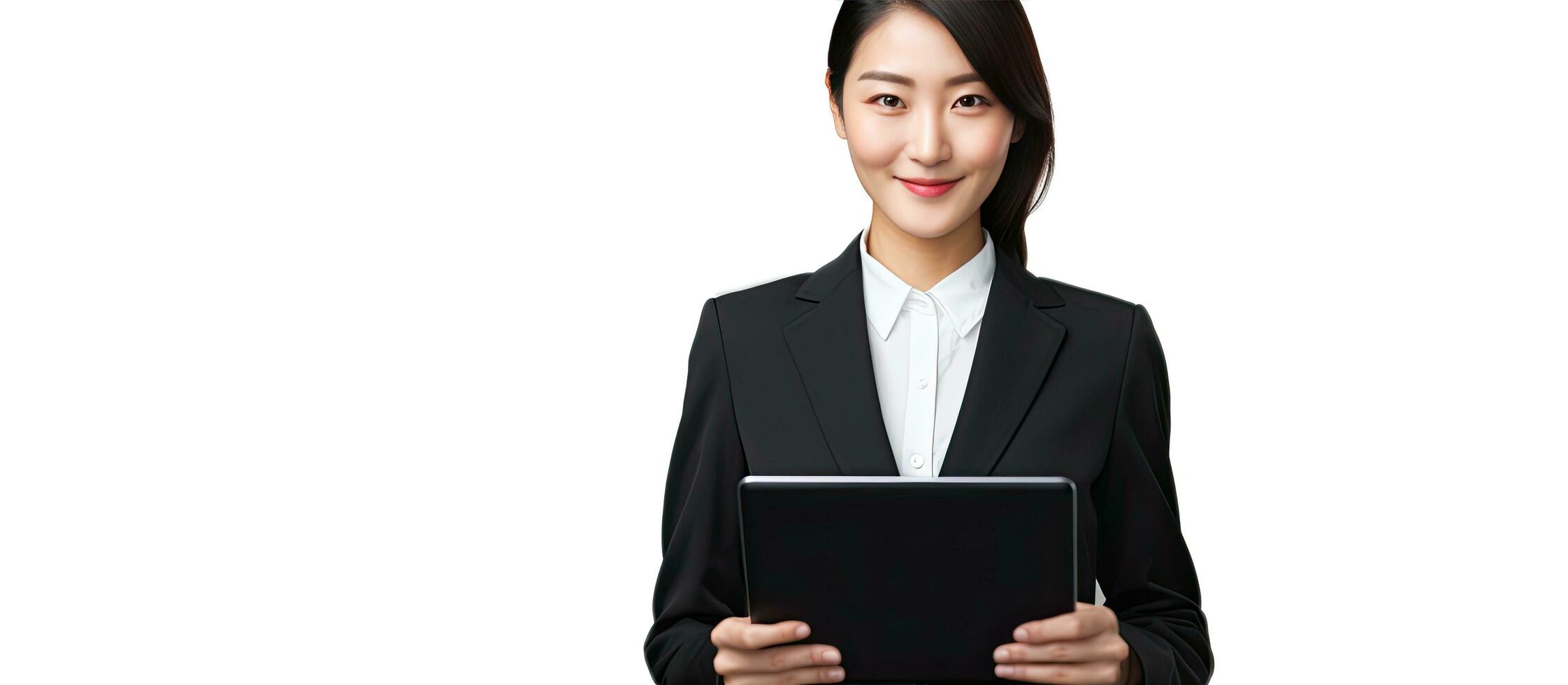 Asian businesswoman with tablet in studio photo