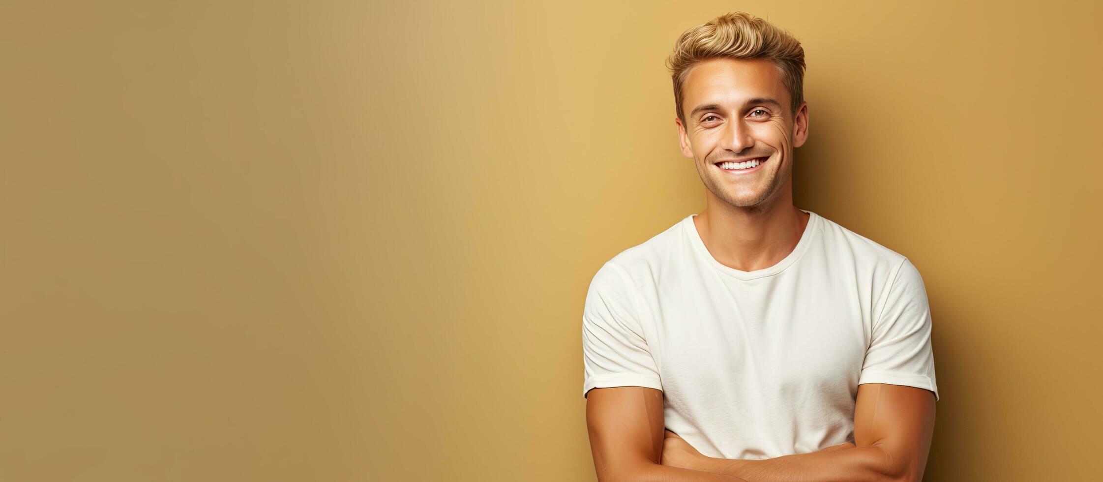 Confident and successful young man with blond hair happily displaying an idea on copy space photo
