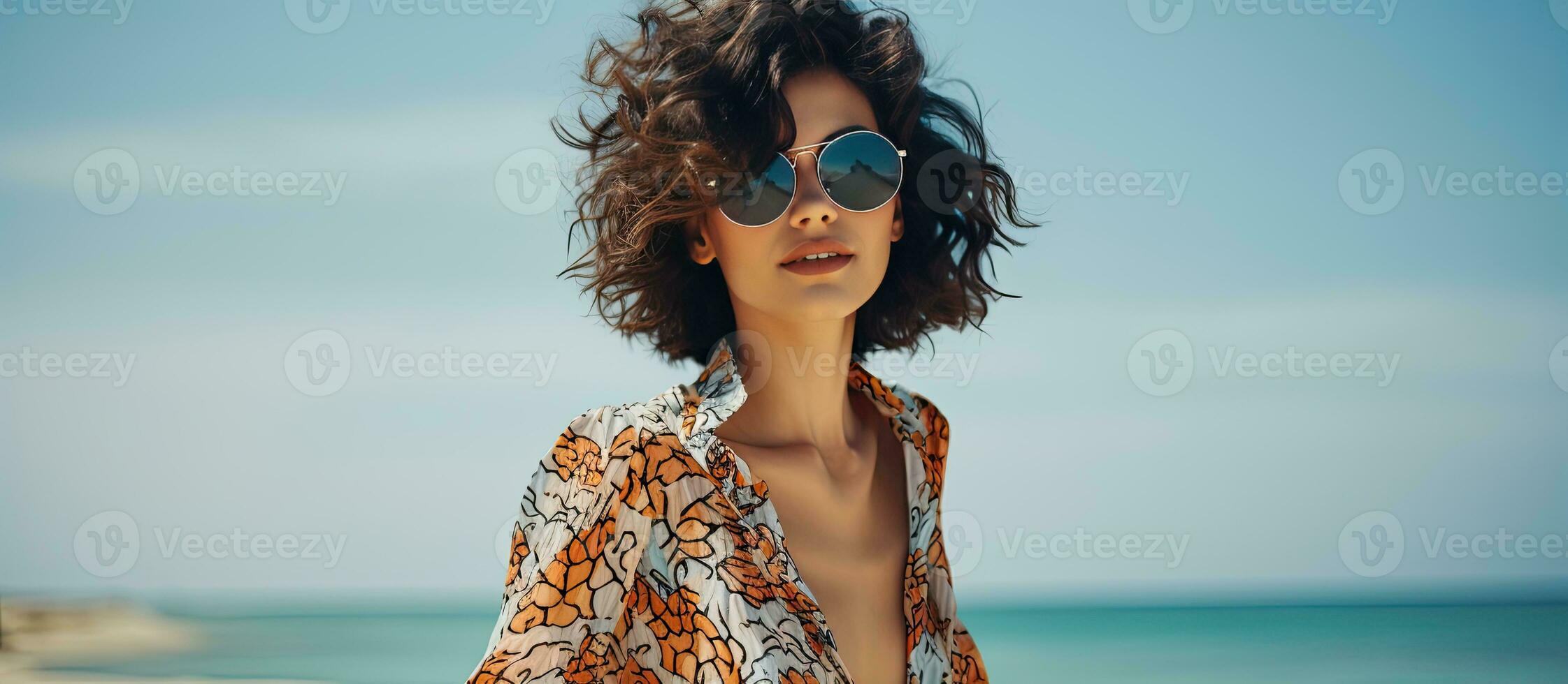 Portrait of a stylish woman with short black hair having fun on a tropical beach near the sea during summer vacation wearing leopard pants and with availa photo