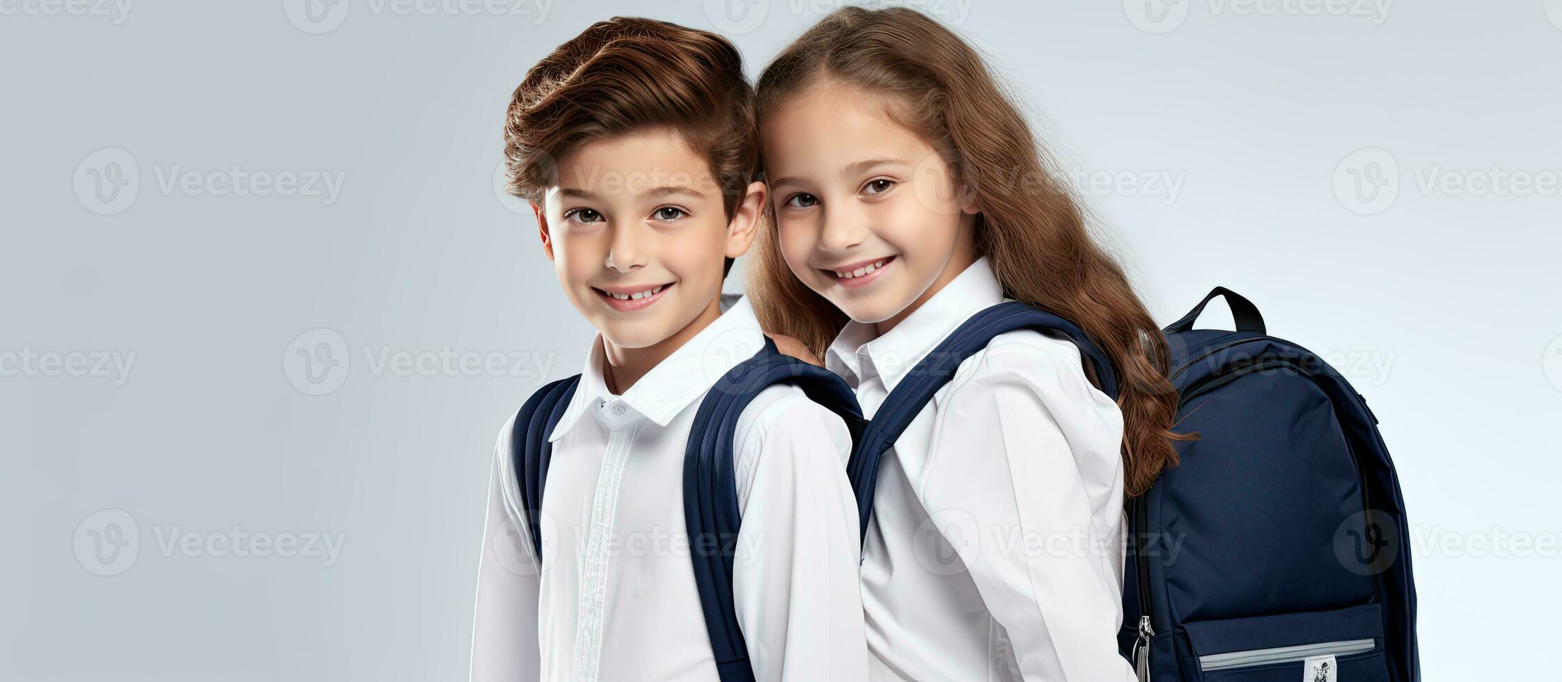 sonriente adolescentes con mochilas en blanco antecedentes blanco espacio para publicidad espalda a colegio productos infancia educación para niños foto