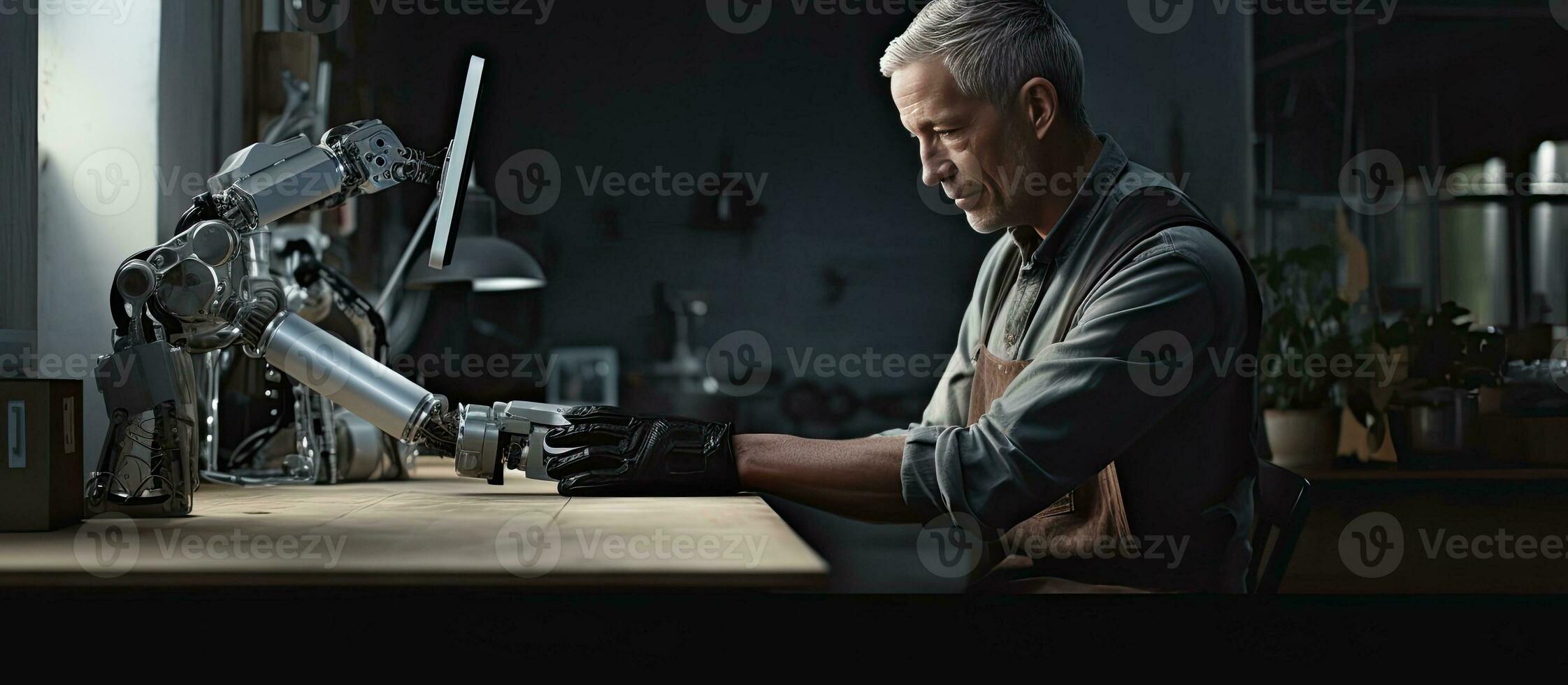 Senior man creating arm prosthetics in workshop and using computer with copy space shown in profile photo