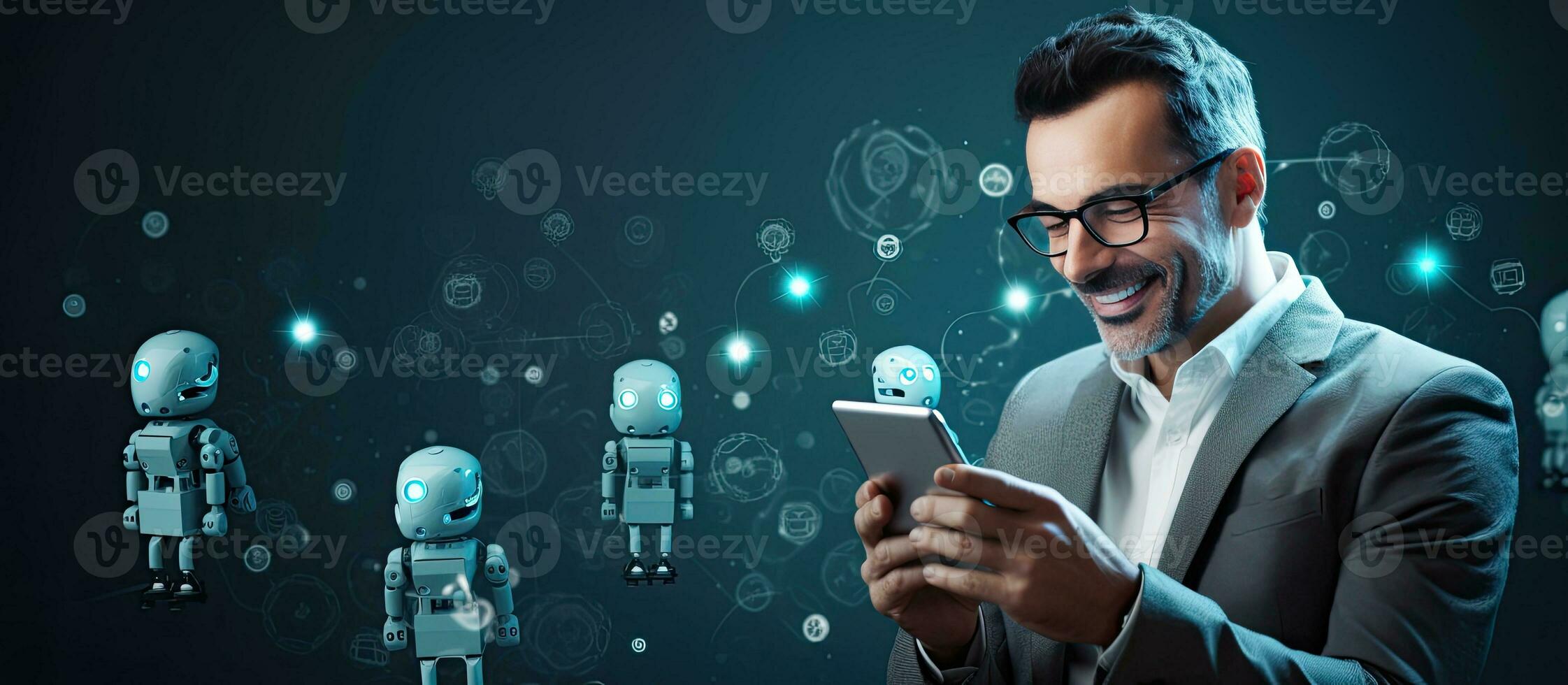Smiling person using phone robot speech bubbles AI aiding in communication or work simplifying life Online virtual assistant Empty area for text photo
