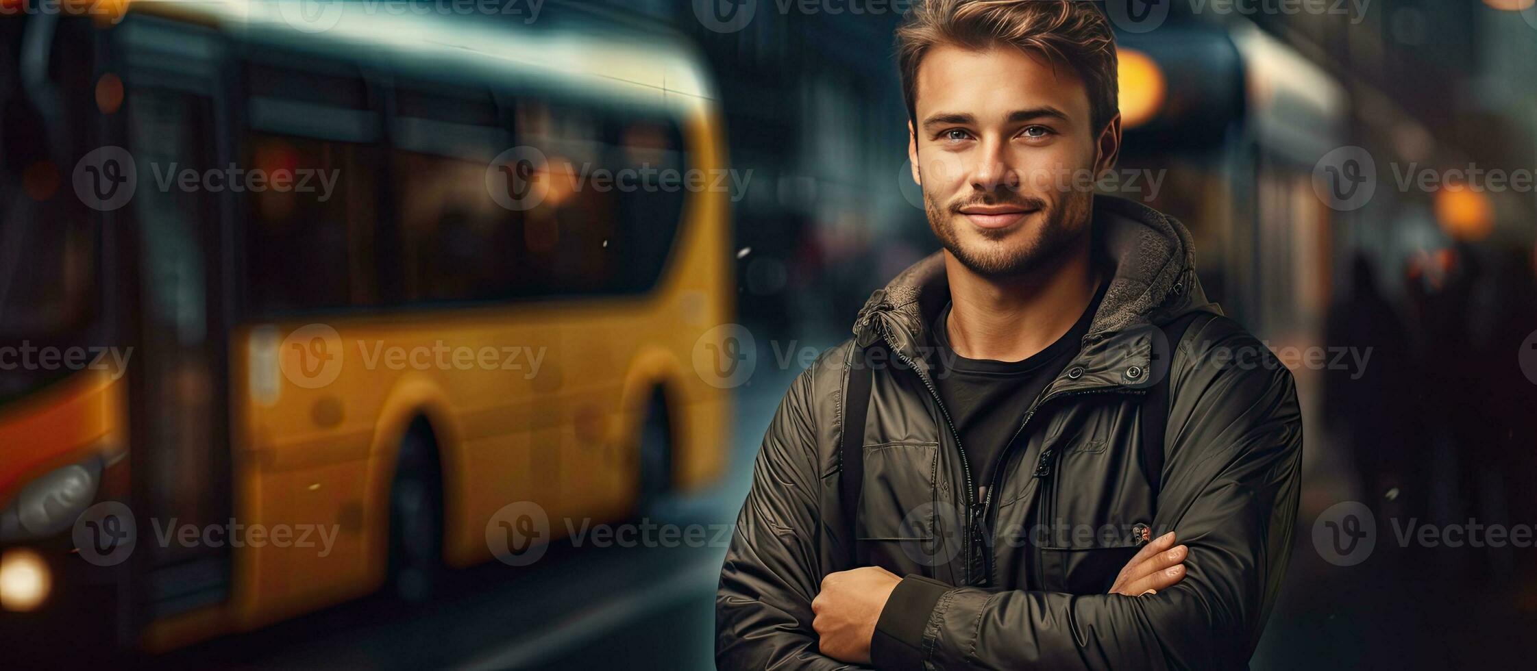 Content bus driver posing happily with folded arms in front of their vehicle while making eye contact with the camera Space for text photo