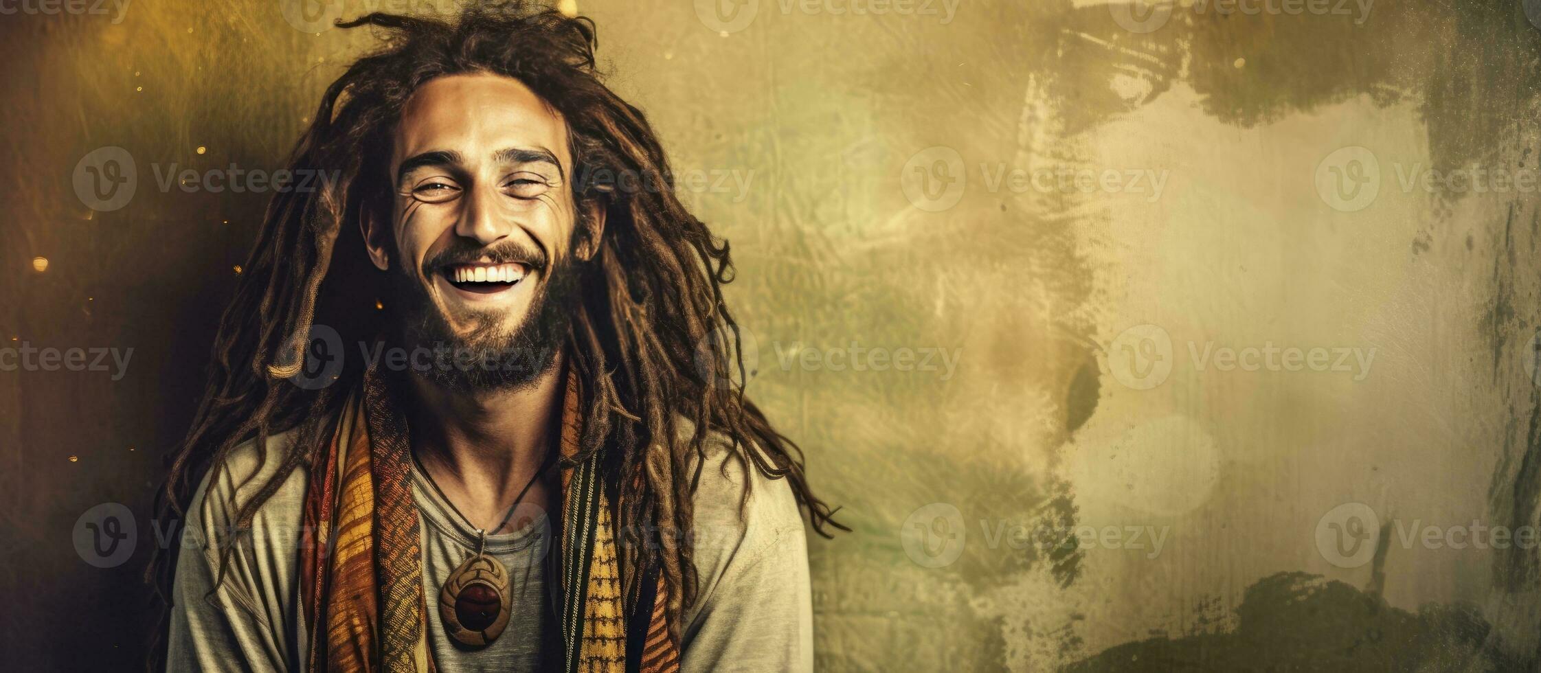 Smiling man resembling a hippie rastaman on grunge background photo
