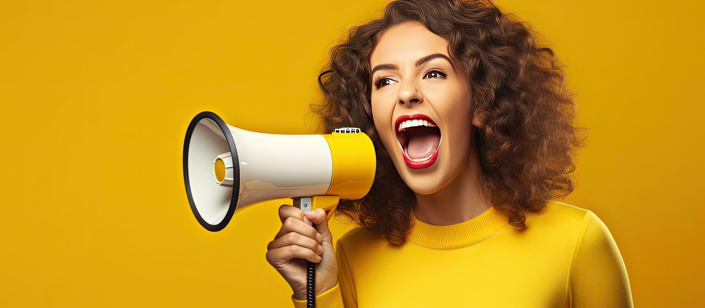 Cheerful woman singing karaoke with microphone on yellow background photo