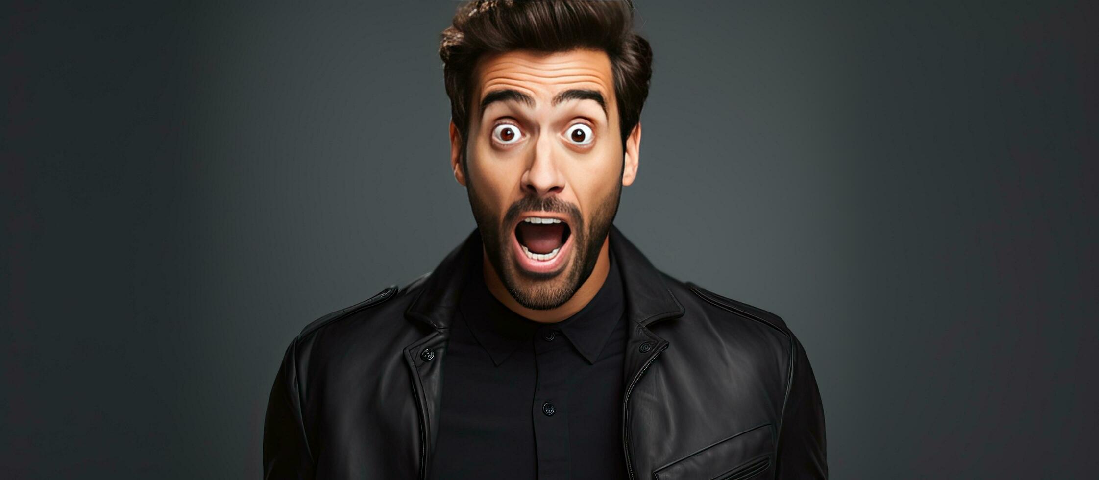 Stylishly dressed European man looking surprised against white background photo