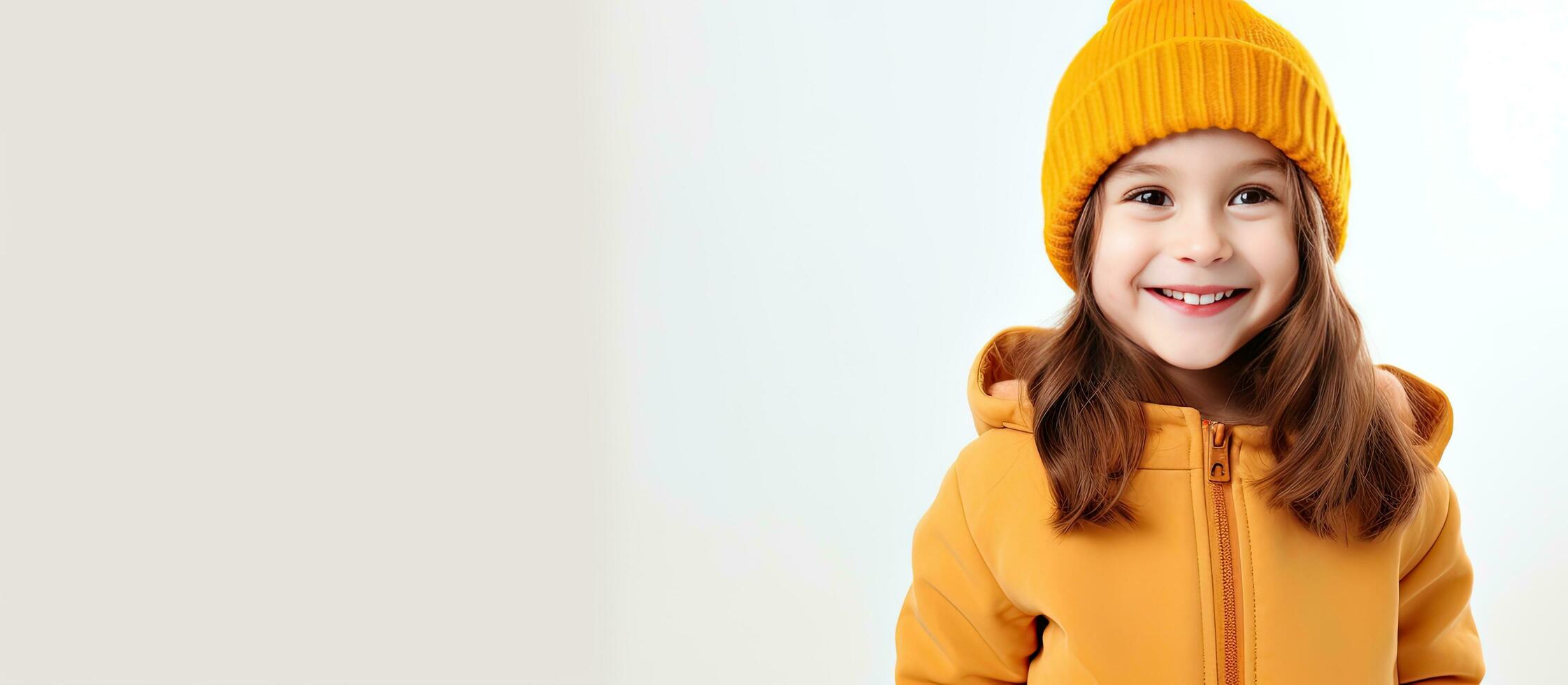 Cute girl in yellow hoodie and red hat smiles against white backdrop space for your ad photo