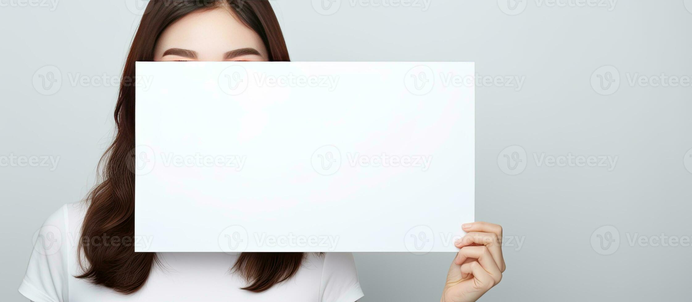 asiático mujer posando con blanco cartelera para texto y Copiar foto