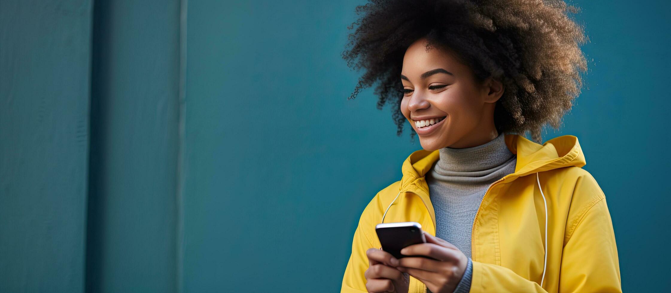 Latina woman with afro hair in a ponytail talking on phone with blank background photo