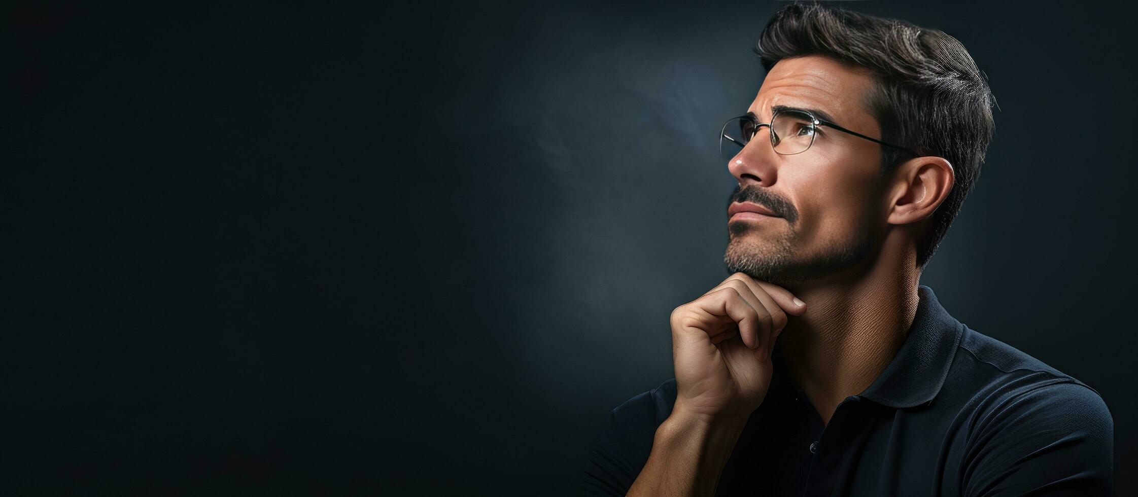 Man posing in studio chin resting on hand arms crossed gazing away at