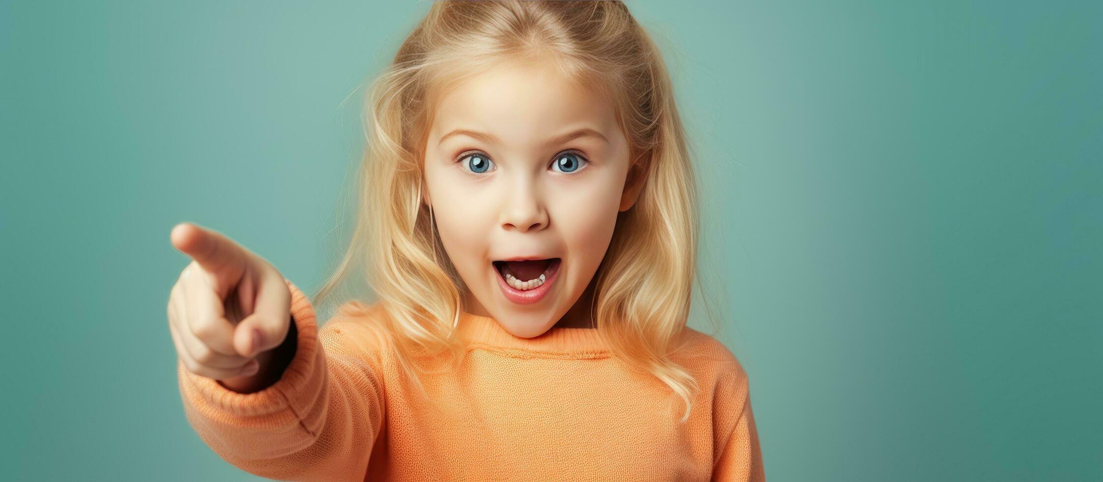 Blonde child pointing at empty space for advertising social media promotion and proposal announcement photo