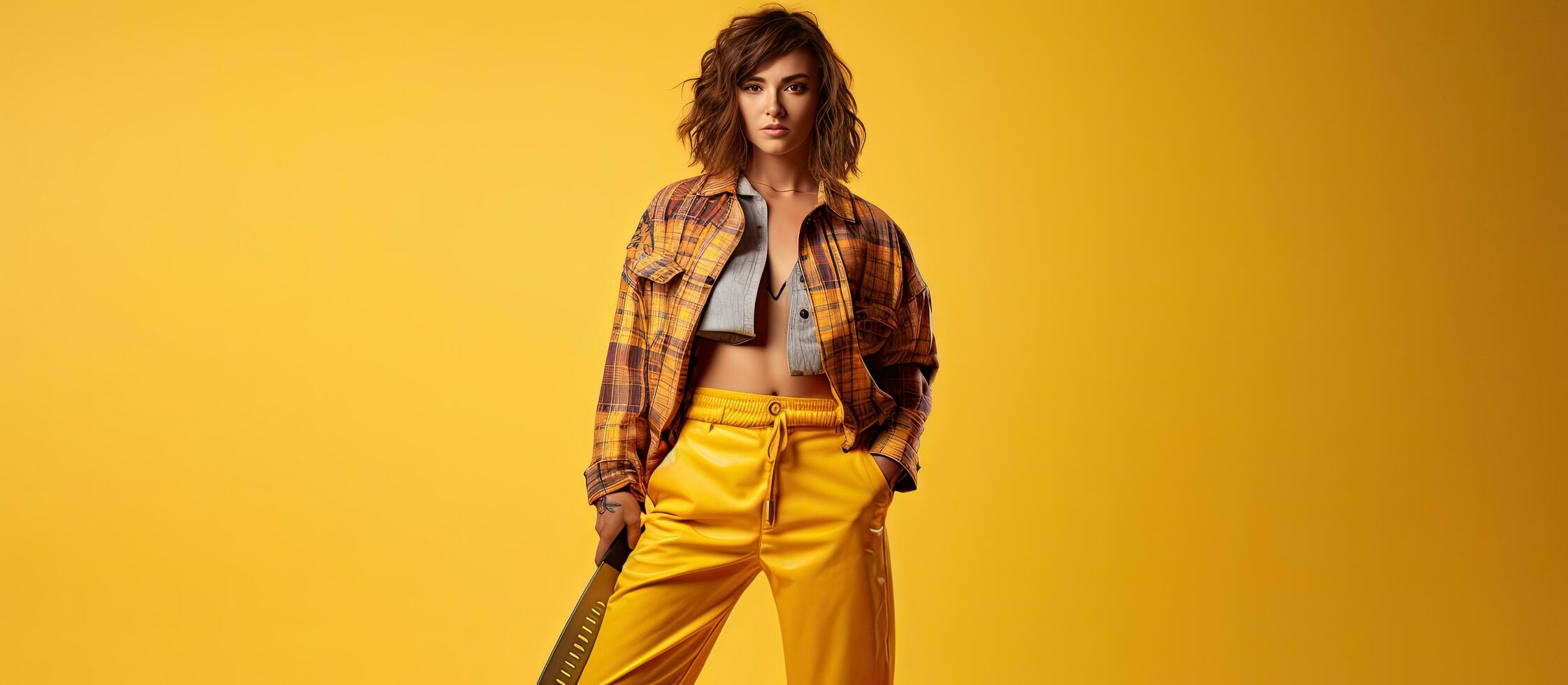 Tall woman alone holding a large hand saw against a yellow backdrop Full body image of casually dressed girl with tool Vertical format with room to write photo