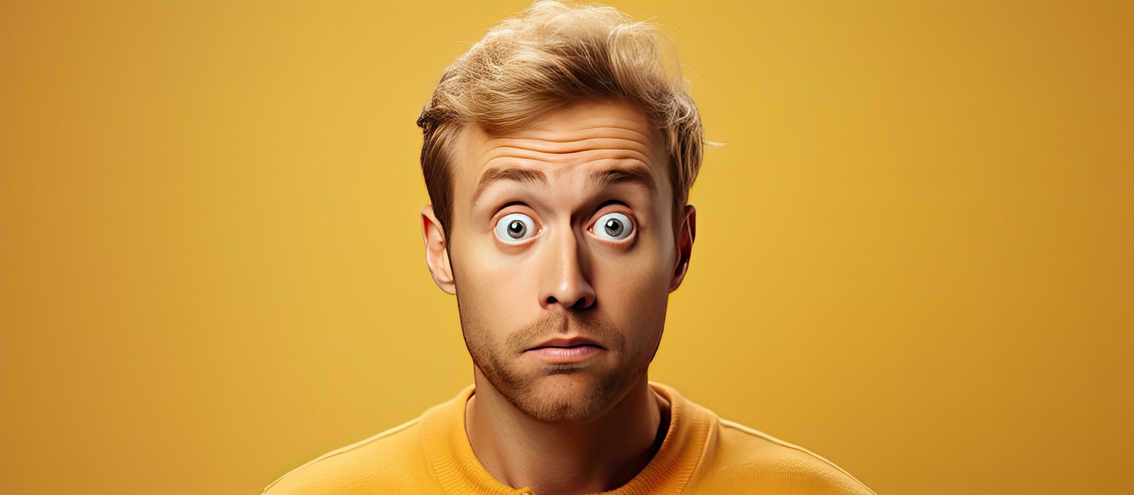 Baffled adult man blond looking upward with uncertainty unsure about something photo