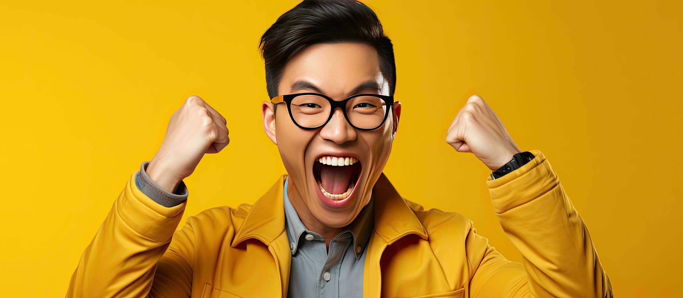 Happy Asian man celebrating success excited millennial male in glasses sharing positive emotions photo