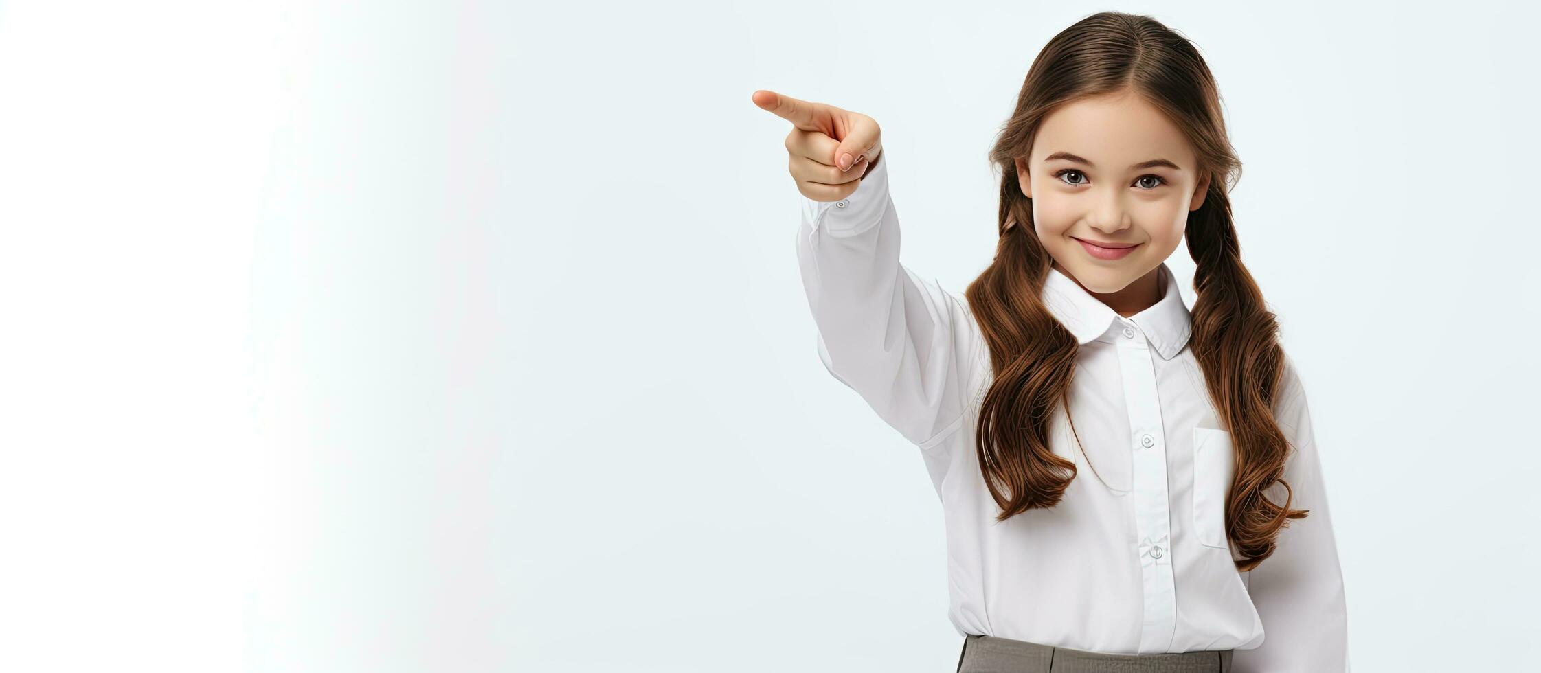 Happy girl in uniform pointing and looking at camera isolated on white background photo