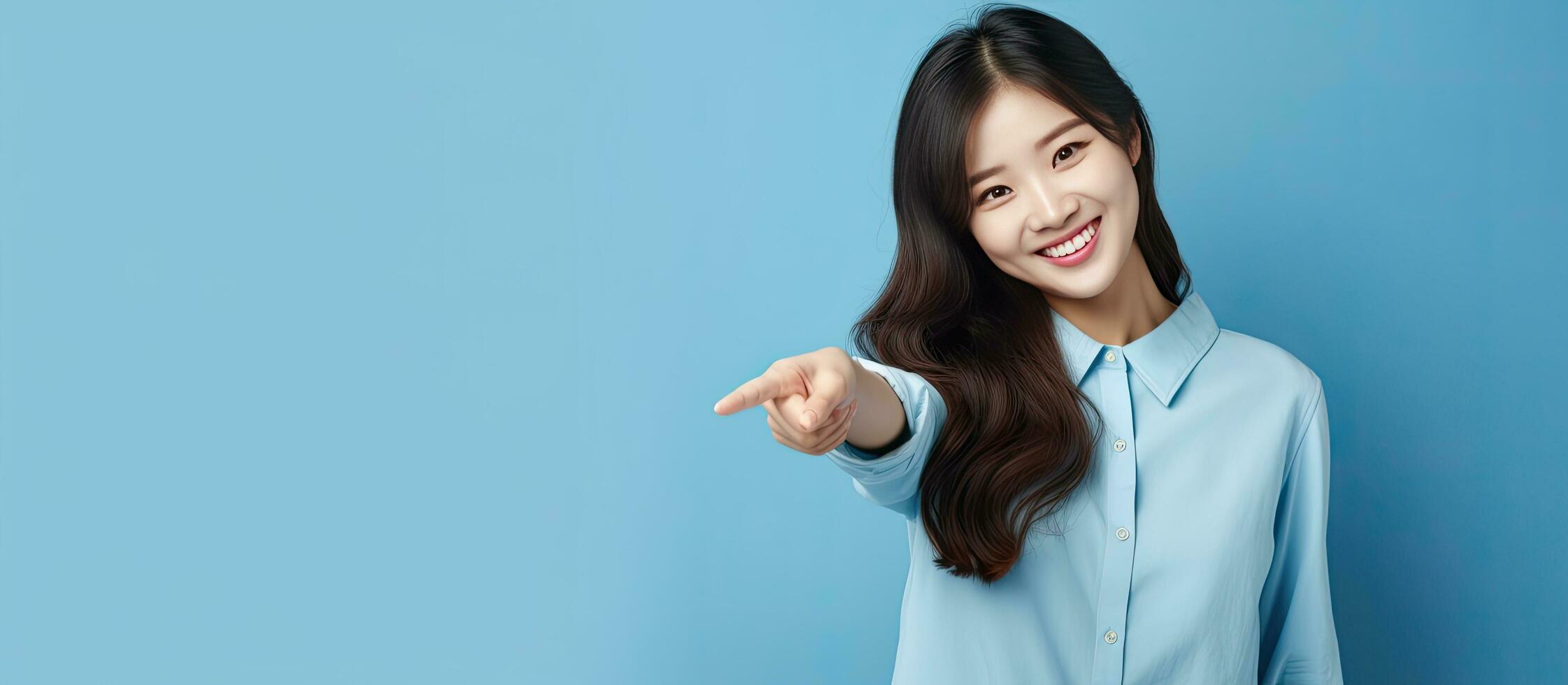 Happy Asian girl pointing to blank space with a smile on blue background photo