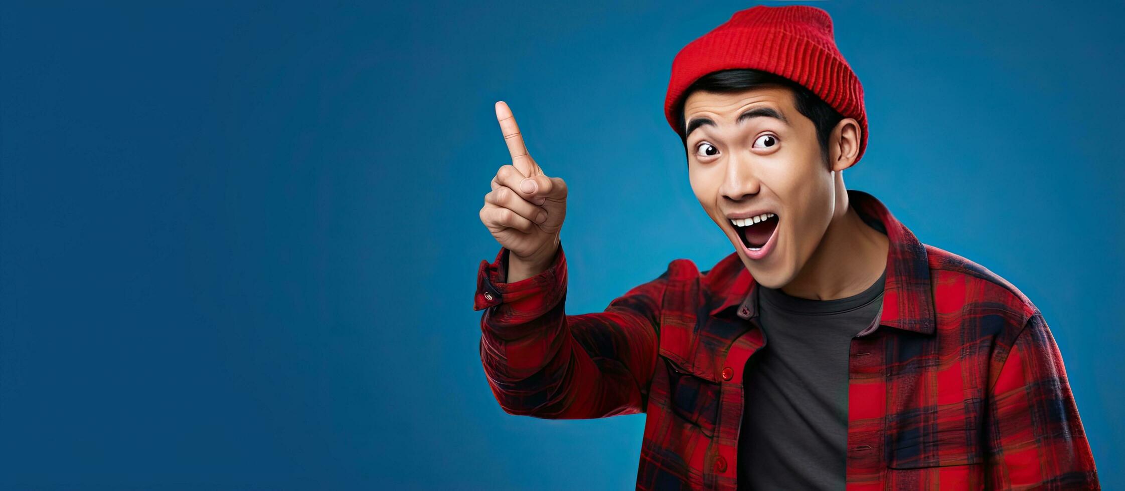 Excited Asian man with beanie hat points at blank mobile phone against blue background photo