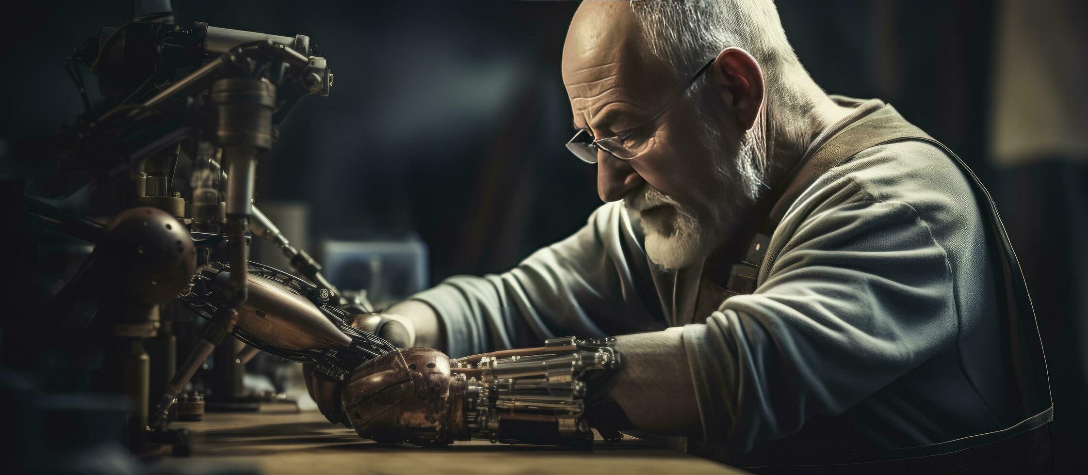 Senior man building arm prosthetics measuring parts in workshop photo