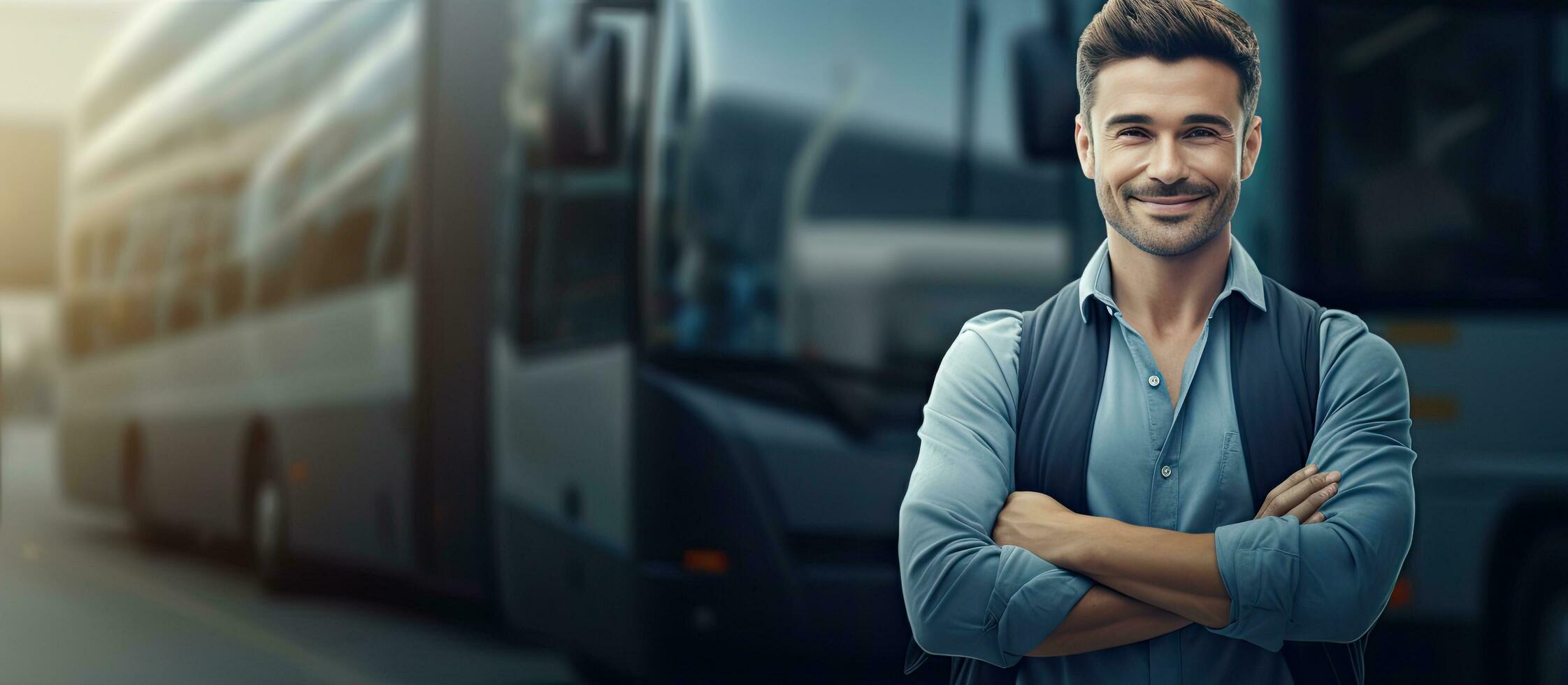 Content bus driver posing happily with folded arms in front of their vehicle while making eye contact with the camera Space for text photo