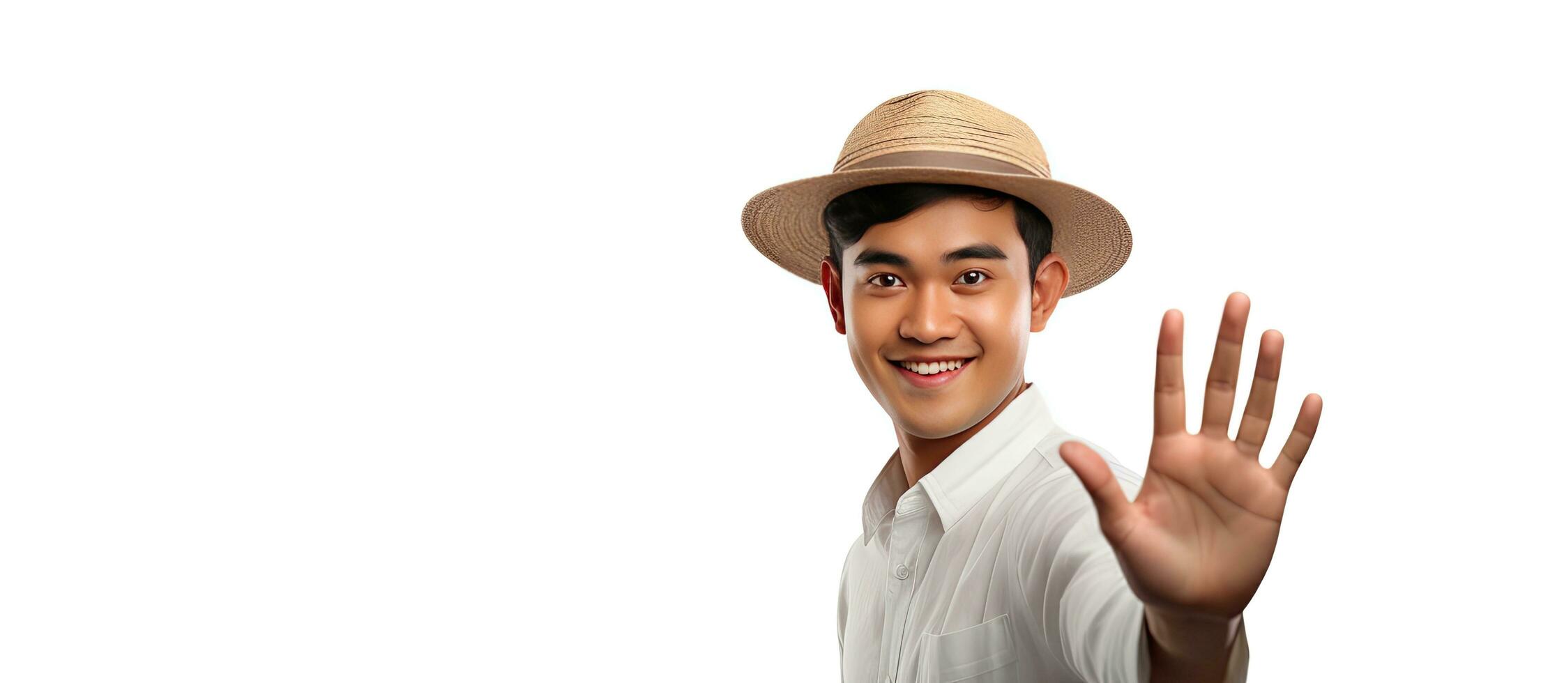 A joyful young Indonesian man wearing traditional headwear is happily greeting with open arms on a white background photo