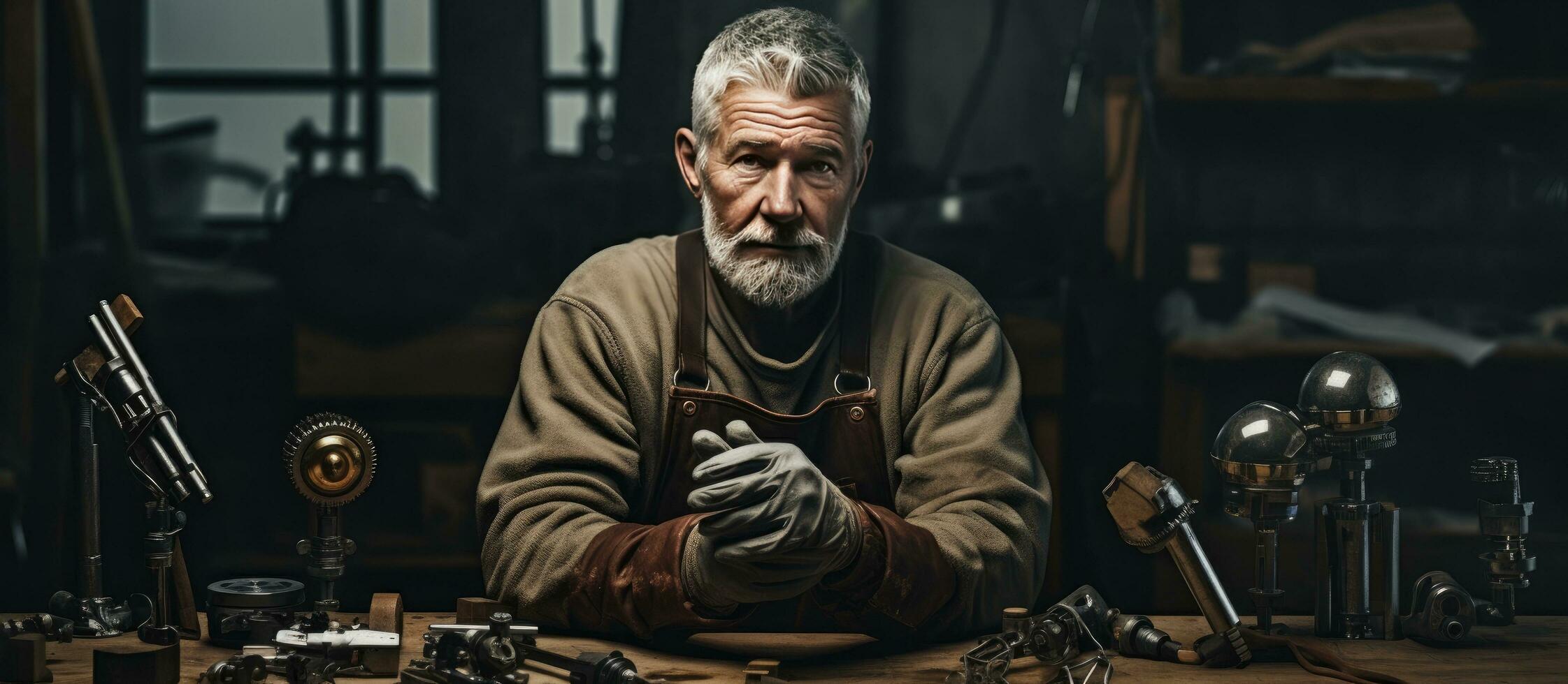 Senior craftsman inspecting hand prosthetics in workshop copy space portrait photo