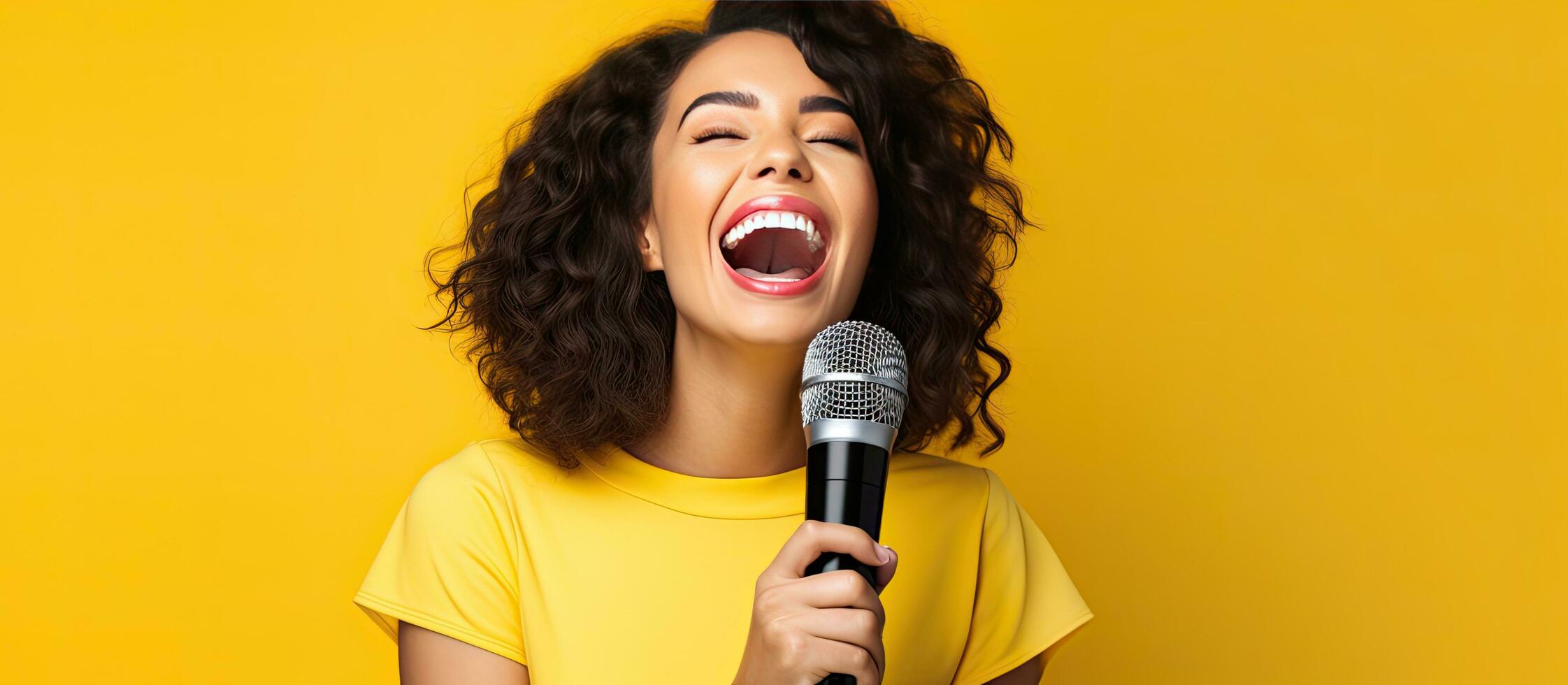 Cheerful woman singing karaoke with microphone on yellow background photo