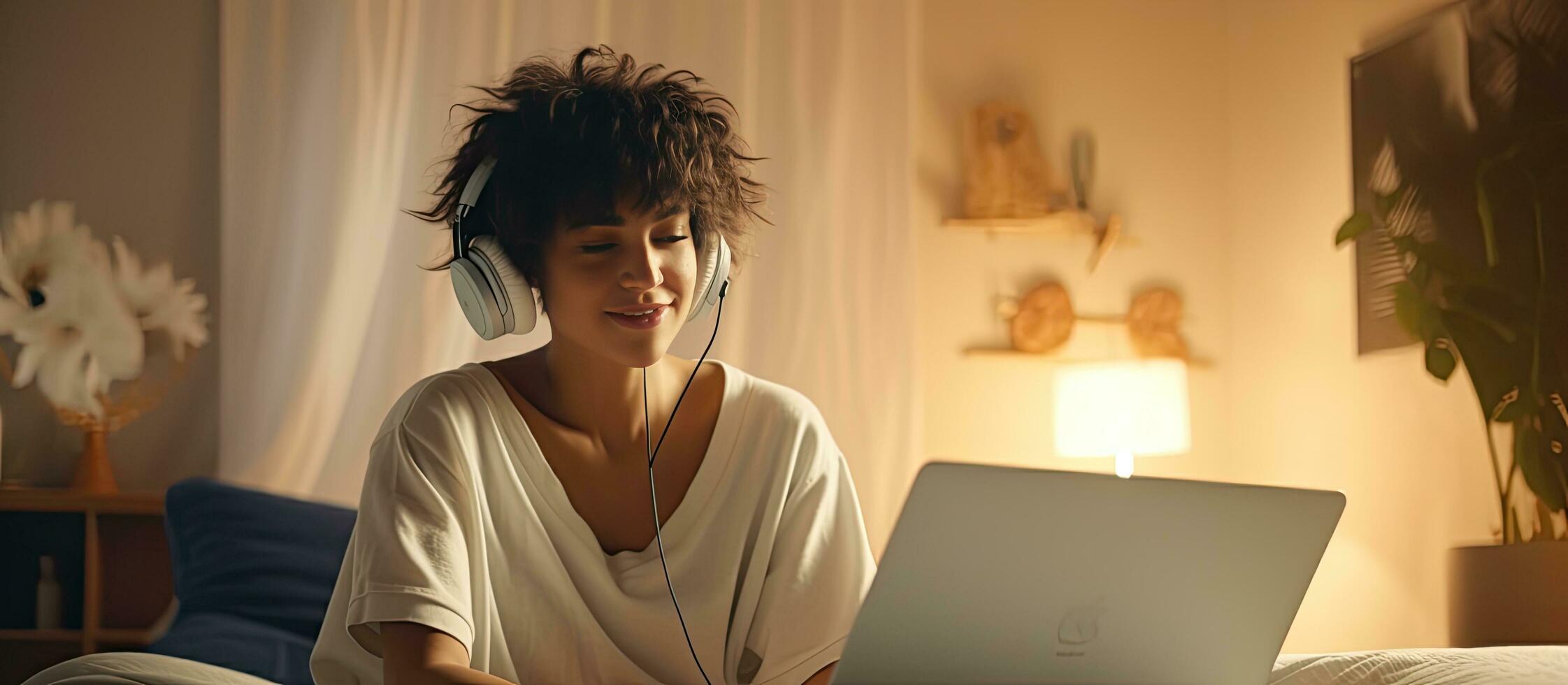 A freelance woman works remotely from home sitting on the floor and using her laptop and phone with a short haircut and casual attire leaving empty space photo