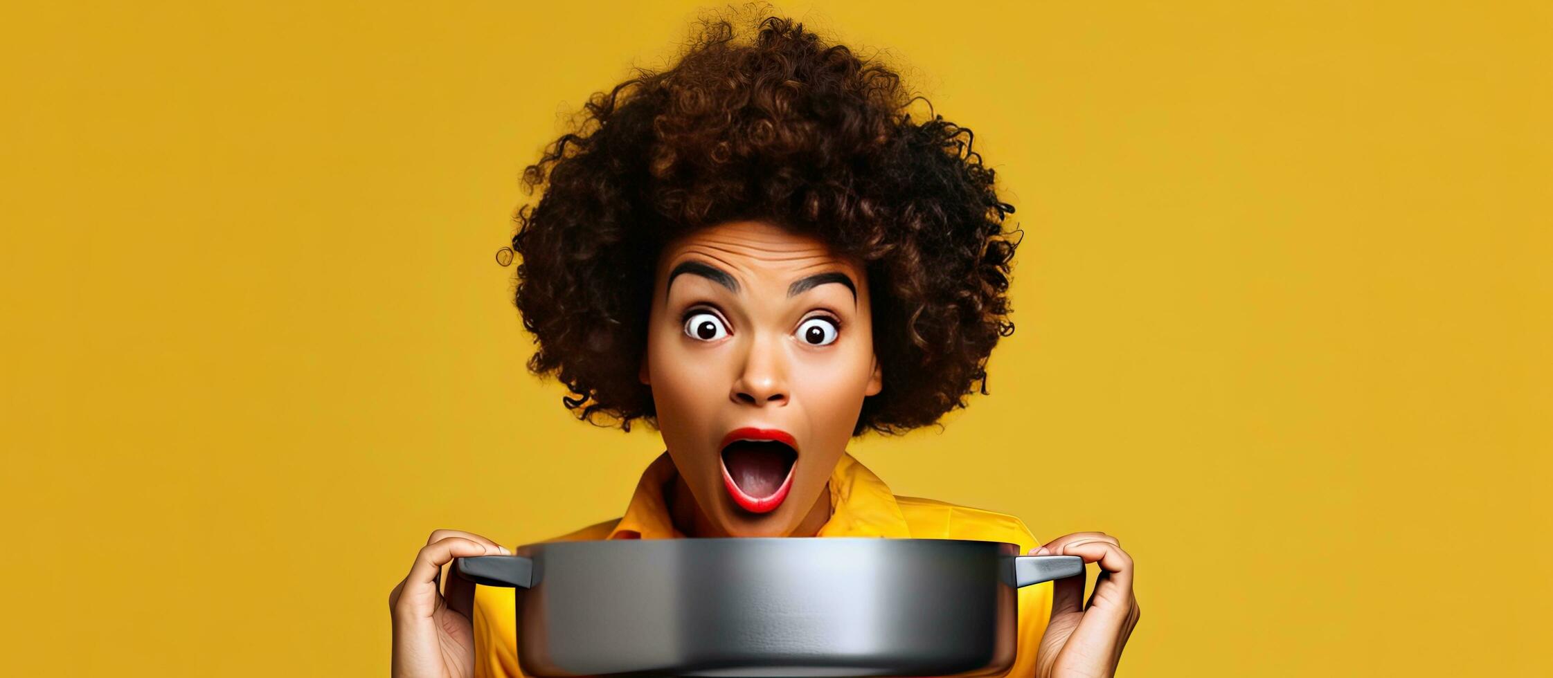 Young black chef woman posing with saucepan camera focused on her excited African American cook lady holding stewpot isolated on yellow background blank a photo
