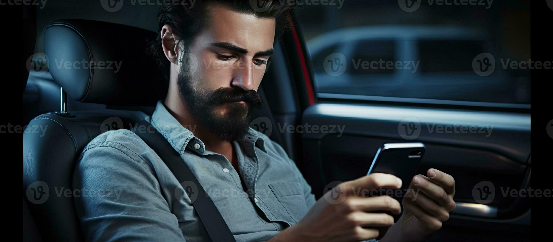 A single white man with modern hair and mustaches uses a smartphone in a car for texting and online communication photo