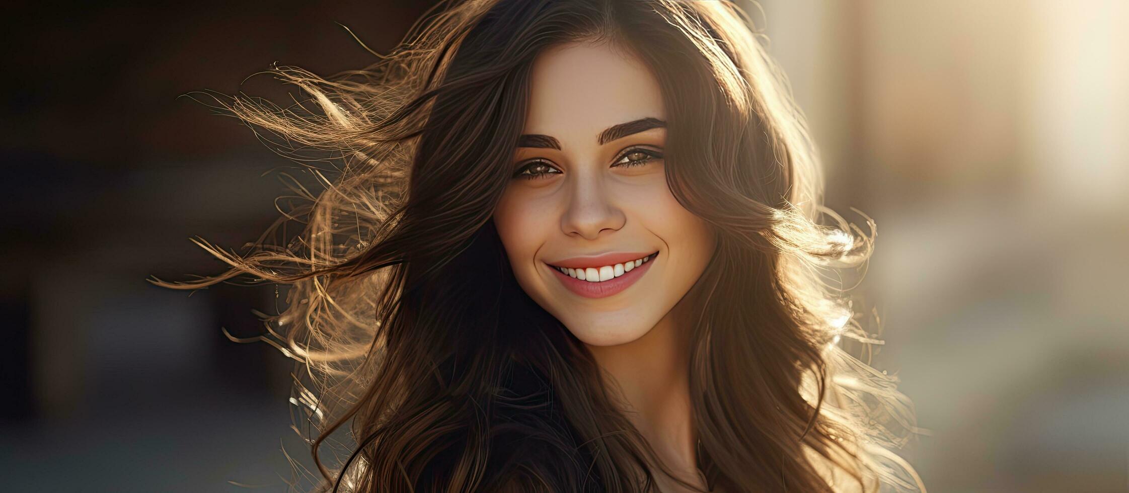 Beautiful woman smiling in sunlight with green eyes and long brown hair Empty area photo