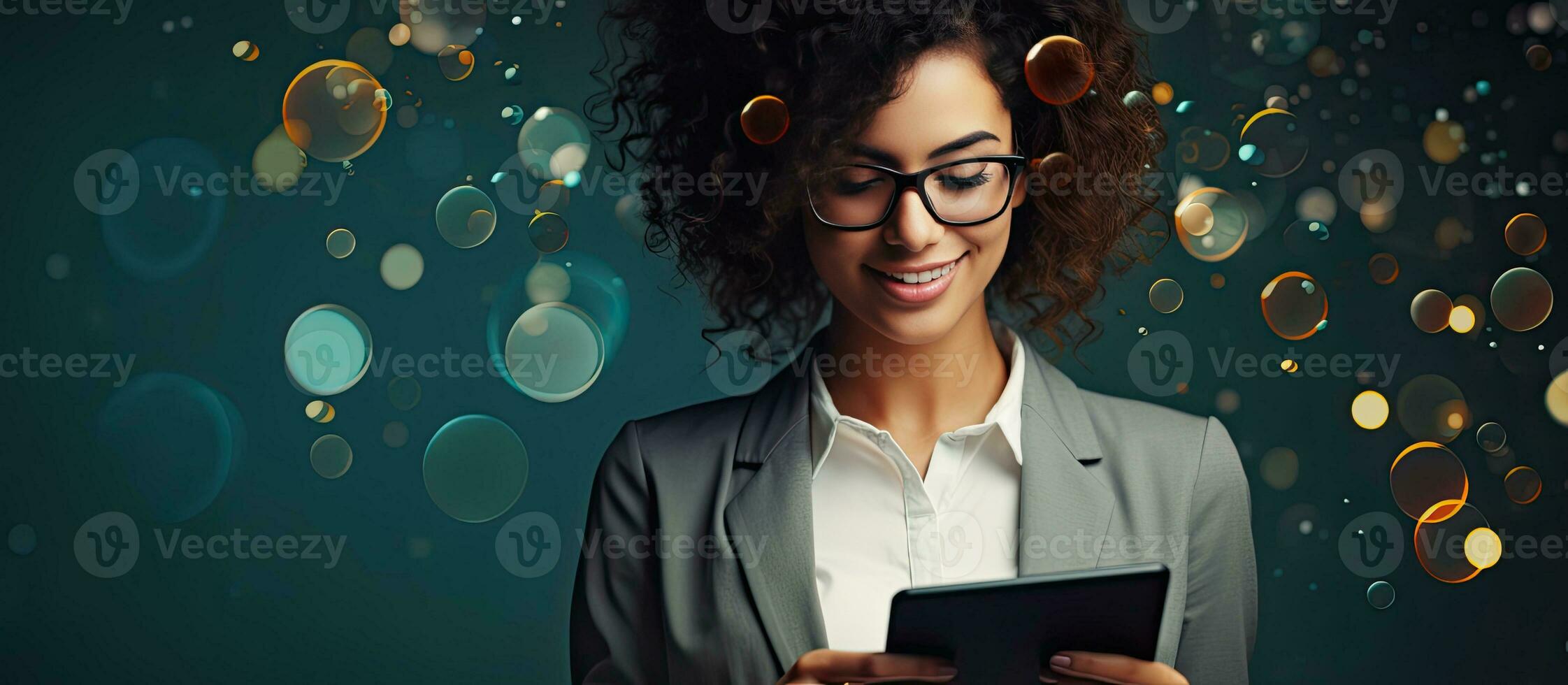 Happy businesswoman holding a tablet with mock text bubbles Concept of online communication and consulting photo