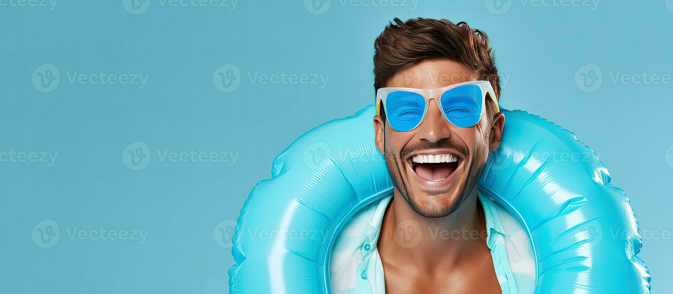 Smiling man promotes summer product wearing sunglasses and T shirt with inflatable circle around his neck Web banner photo