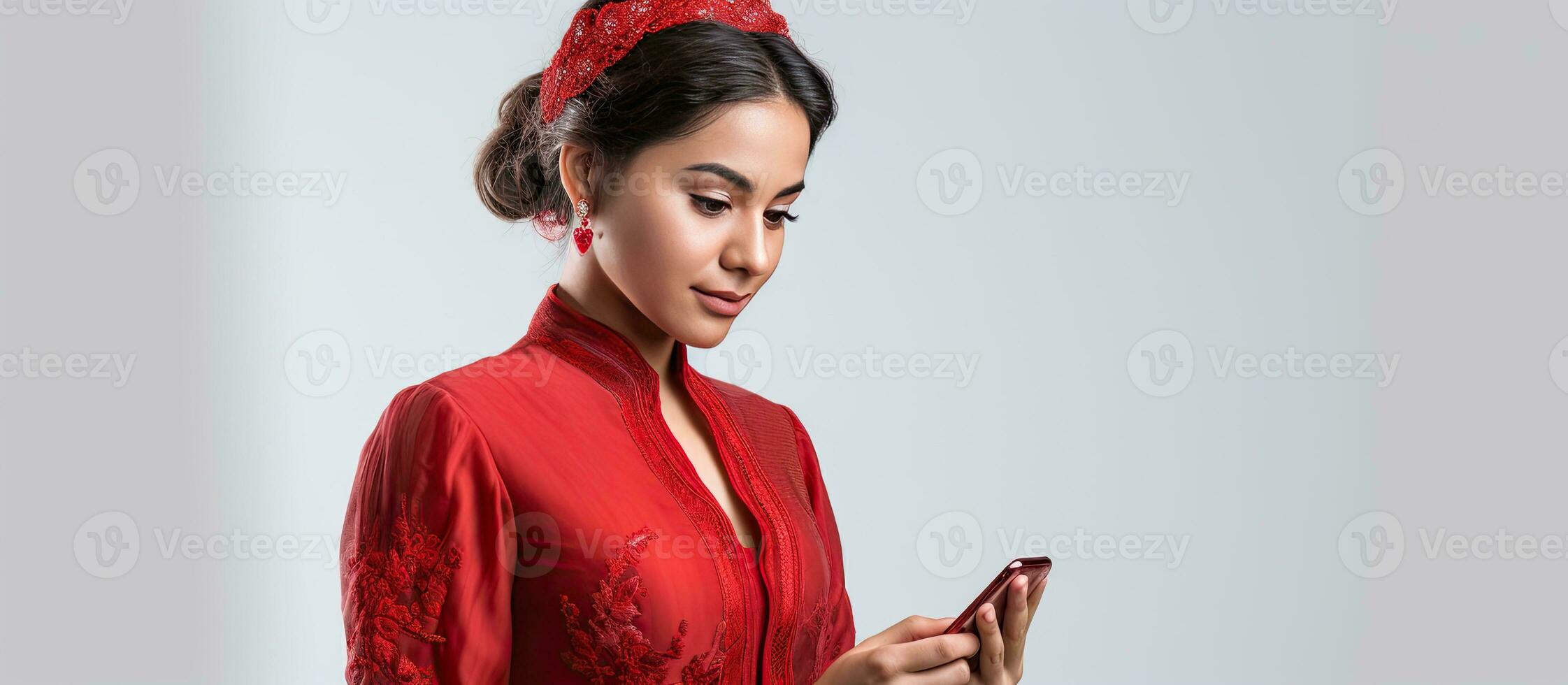 Indonesia celebrates independence day as a woman with a headband and red kebaya looks aside to an idea on copy space holding her phone photo