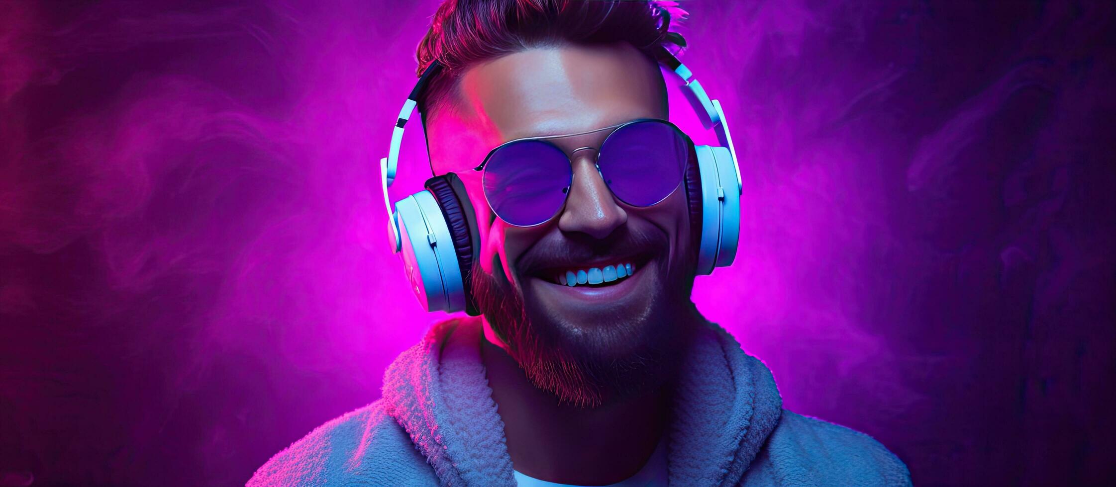 hombre bailando y escuchando a música con auriculares DJ s felicidad y sonrisa hipster estilo de vida púrpura antecedentes con neón luces habitación para texto foto