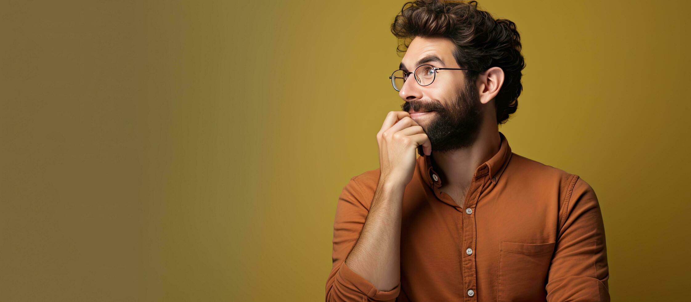 Bearded man daydreaming and seeking space on laptop photo