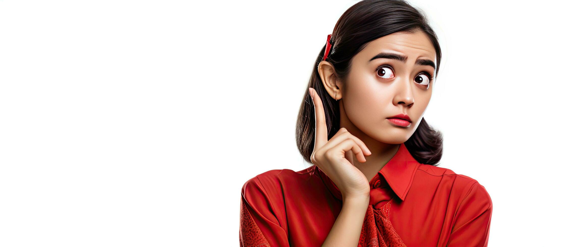 A young woman in a kebaya and headband looks to the side pointing to an idea on a blank space photo