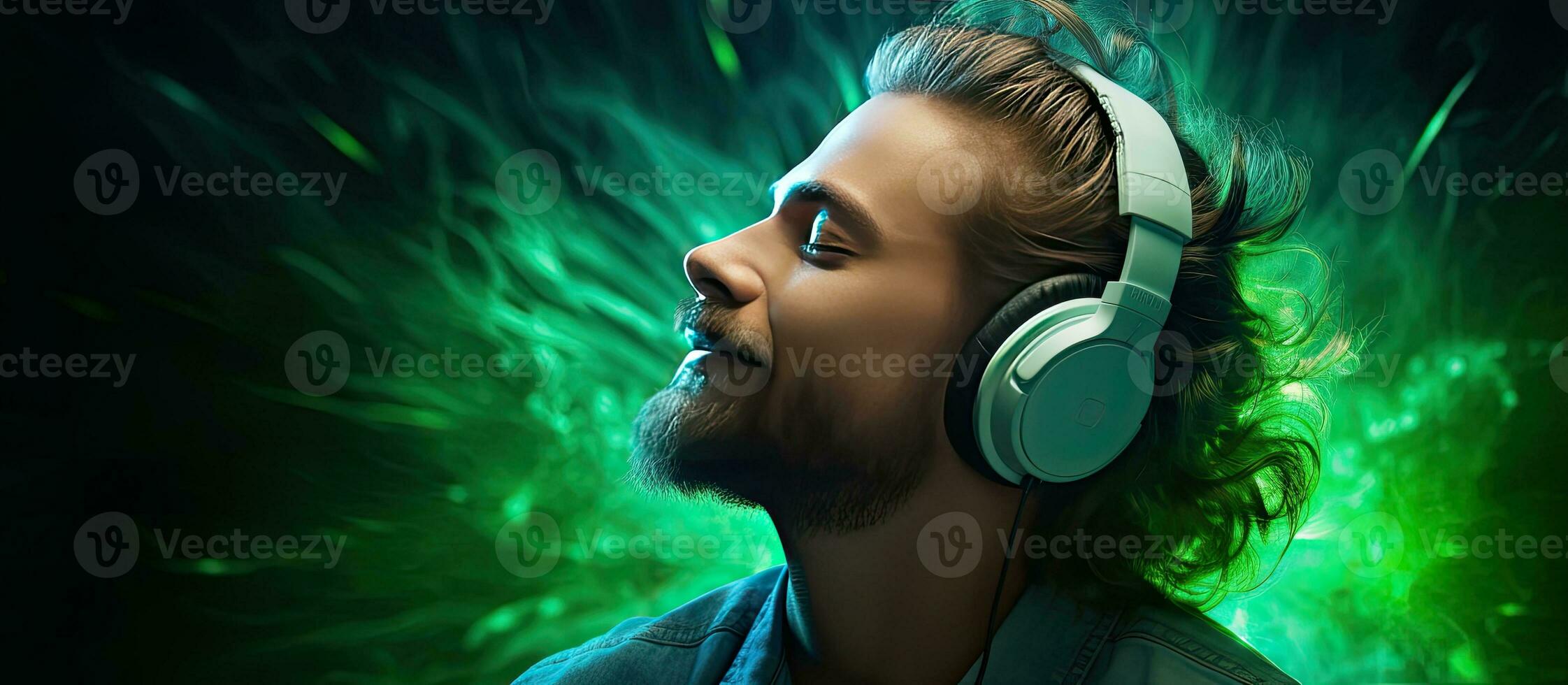 A happy DJ style man with closed eyes dancing and singing while wearing headphones on a green background with neon light photo