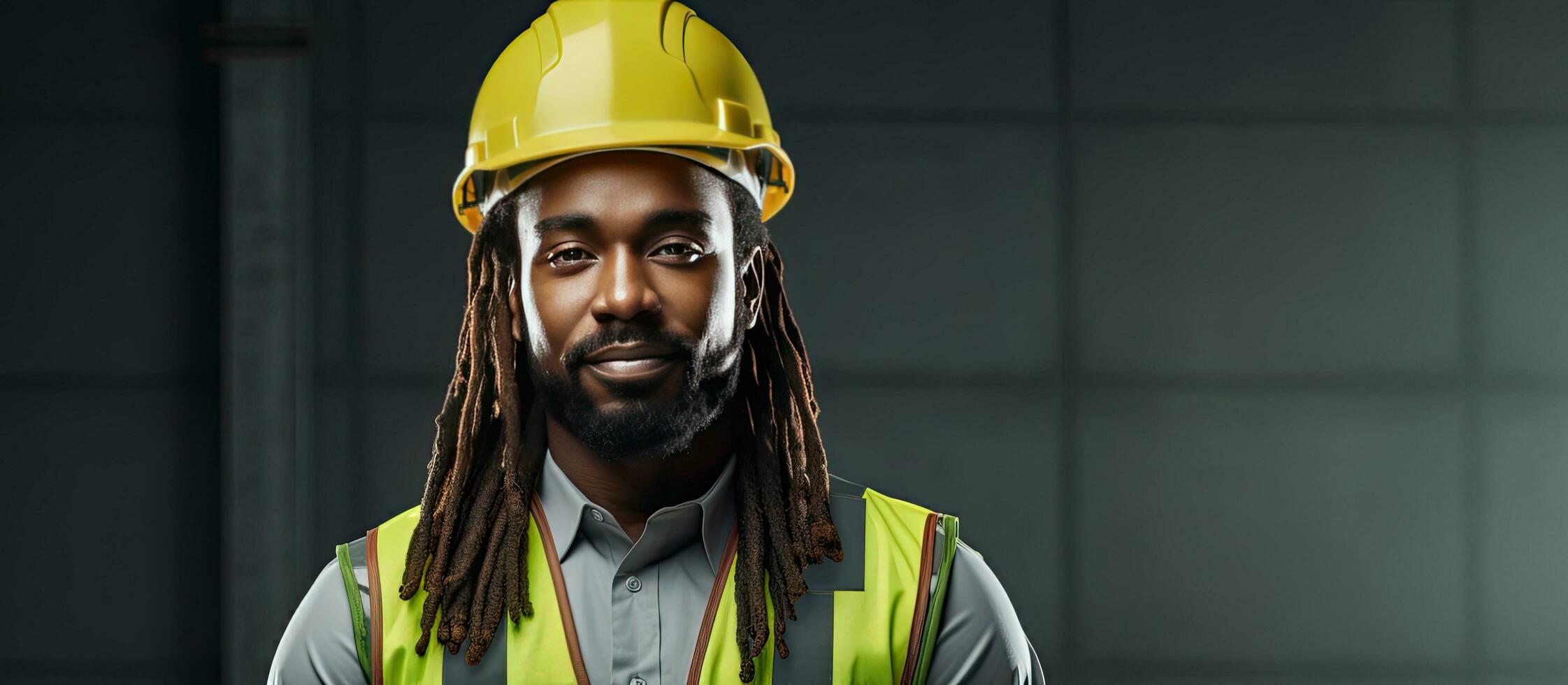 Serious African male engineer with beard and dreadlocks wearing safety gear standing for portrait outdoors copy space available photo