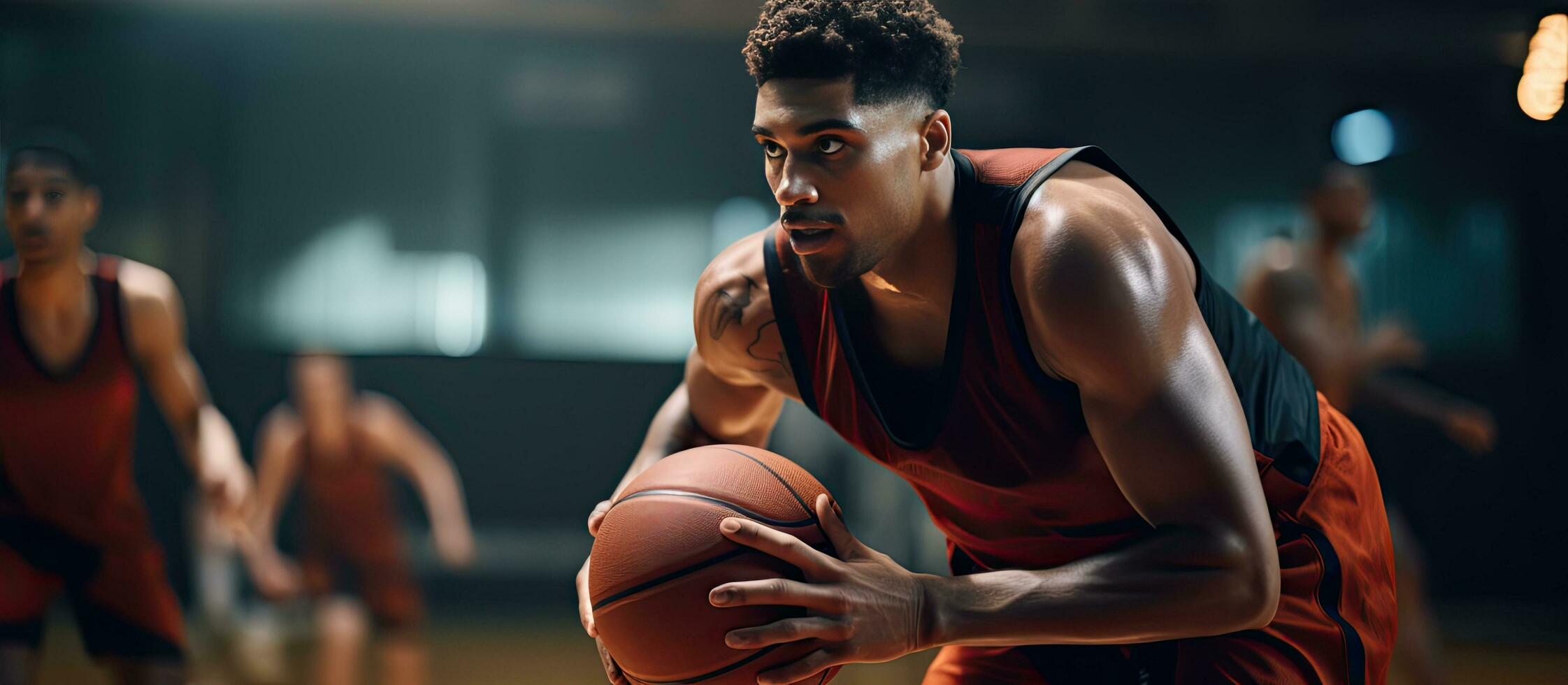 masculino baloncesto jugadores de diferente antecedentes jugando y trabajando fuera juntos en un gimnasio reteniendo Deportes actividad unidad y estilo de vida tema vacío espacio foto