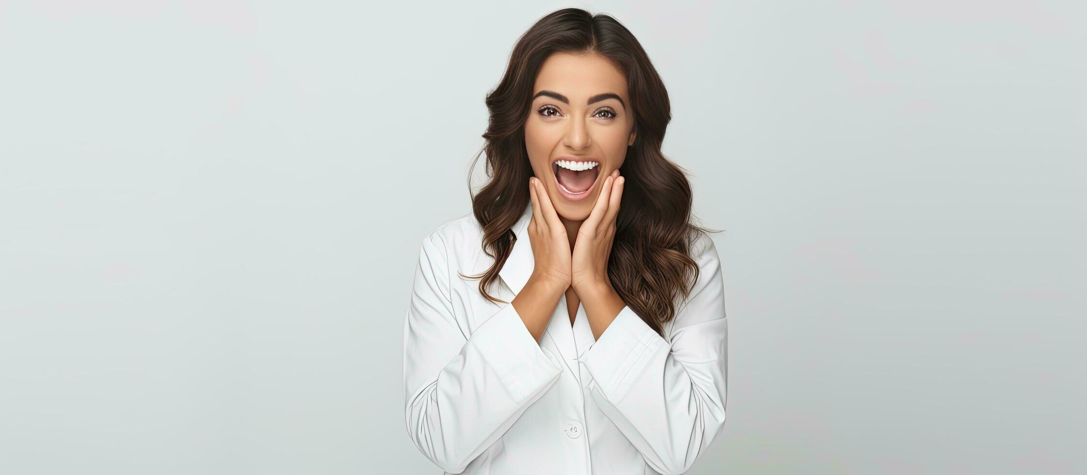 Female doctor smiling and posing with hands acting like a loud hailer conveying the concept of a good doctor photo