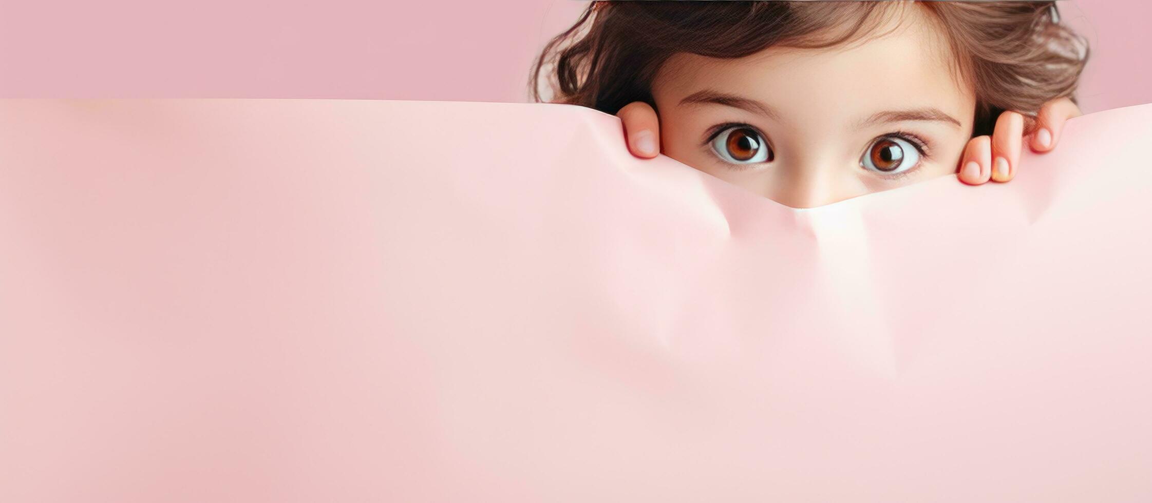 inquisitivo niño con vacío rosado papel para publicidad foto