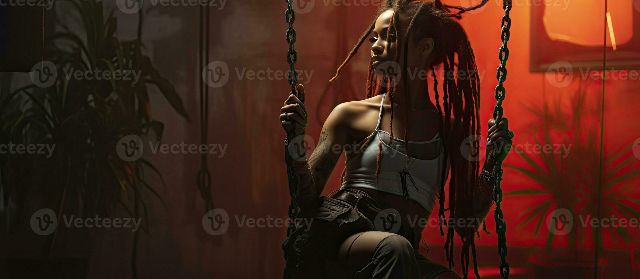 Smiling woman with colorful dreadlocks sitting on swing in well lit room with houseplant in foreground Empty area for text photo