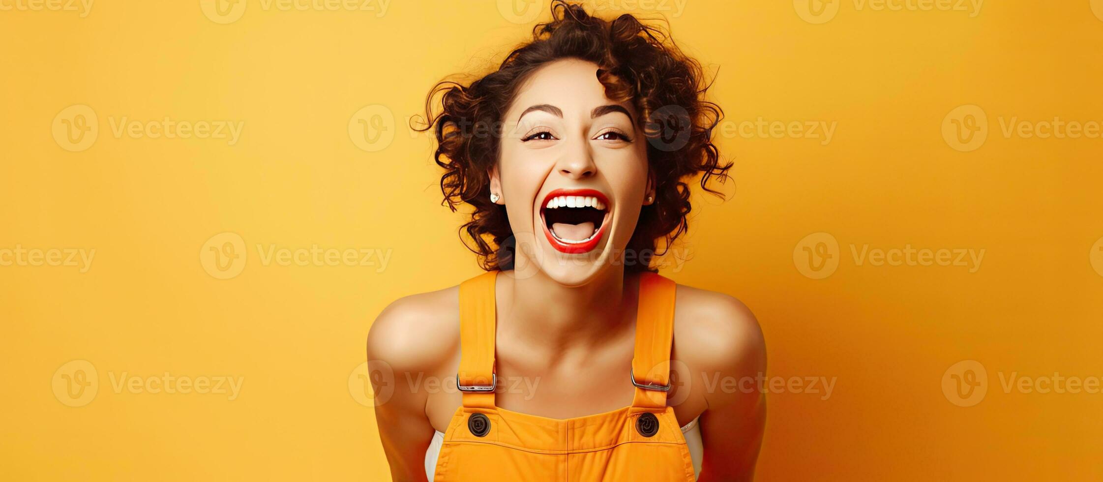 Middle aged woman joyfully poses in orange overalls with bright makeup against a yellow background displaying lively movements and leaving room for text photo